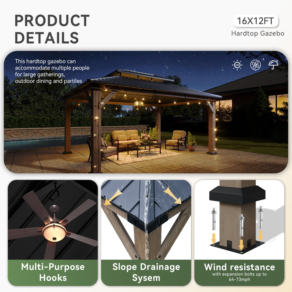 Aoxun 12' x 16' Outdoor Wood Gazebo, Hardtop Gazebo Permanent Wooden Pavilion with Galvanized Steel Double Roof, for Garden, Backyard, Patio, Cedar Wood, Grey