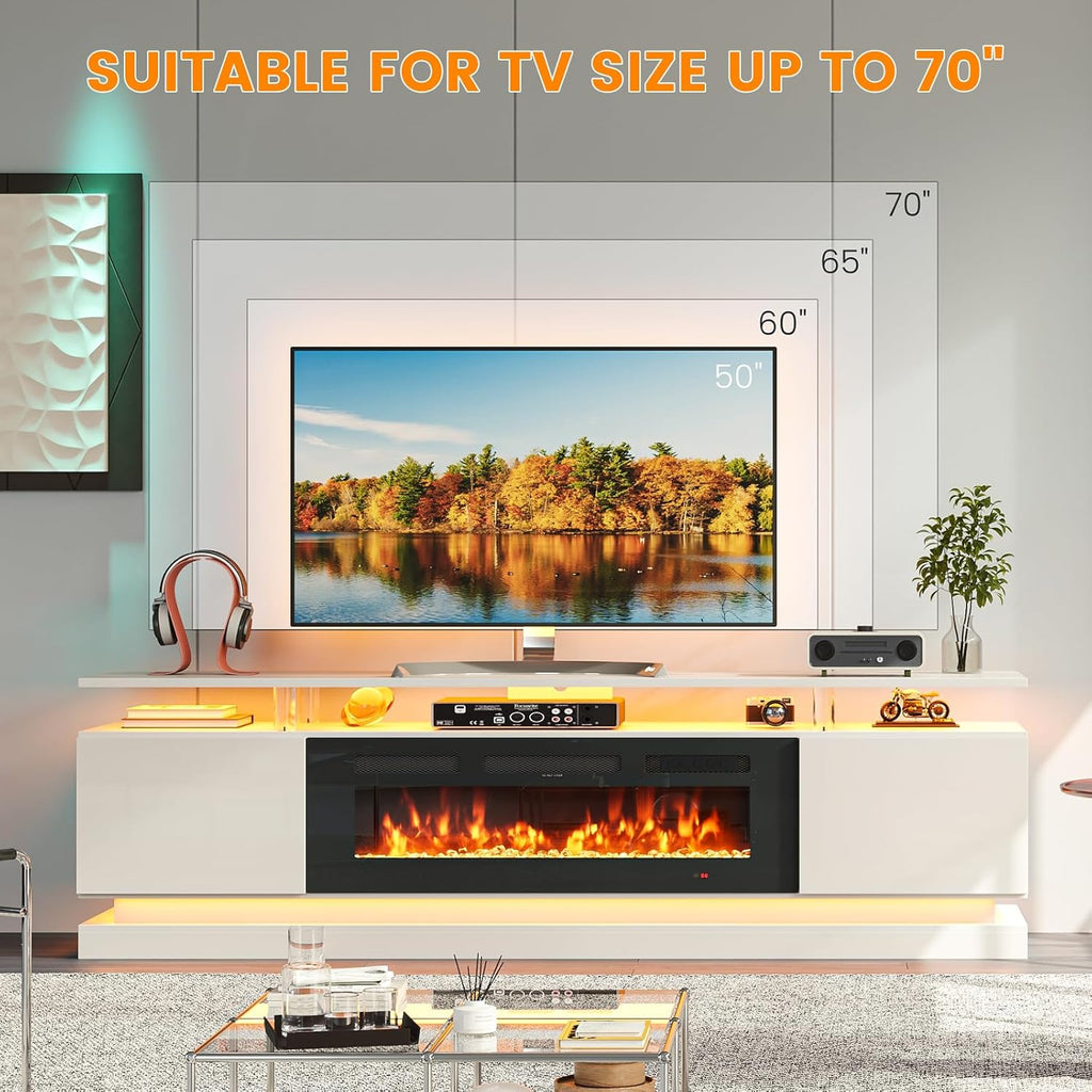 Breezestival 70" Fireplace TV Stand for TVs up to 80", Modern Entertainment Center with Black Fireplace and Storage, White