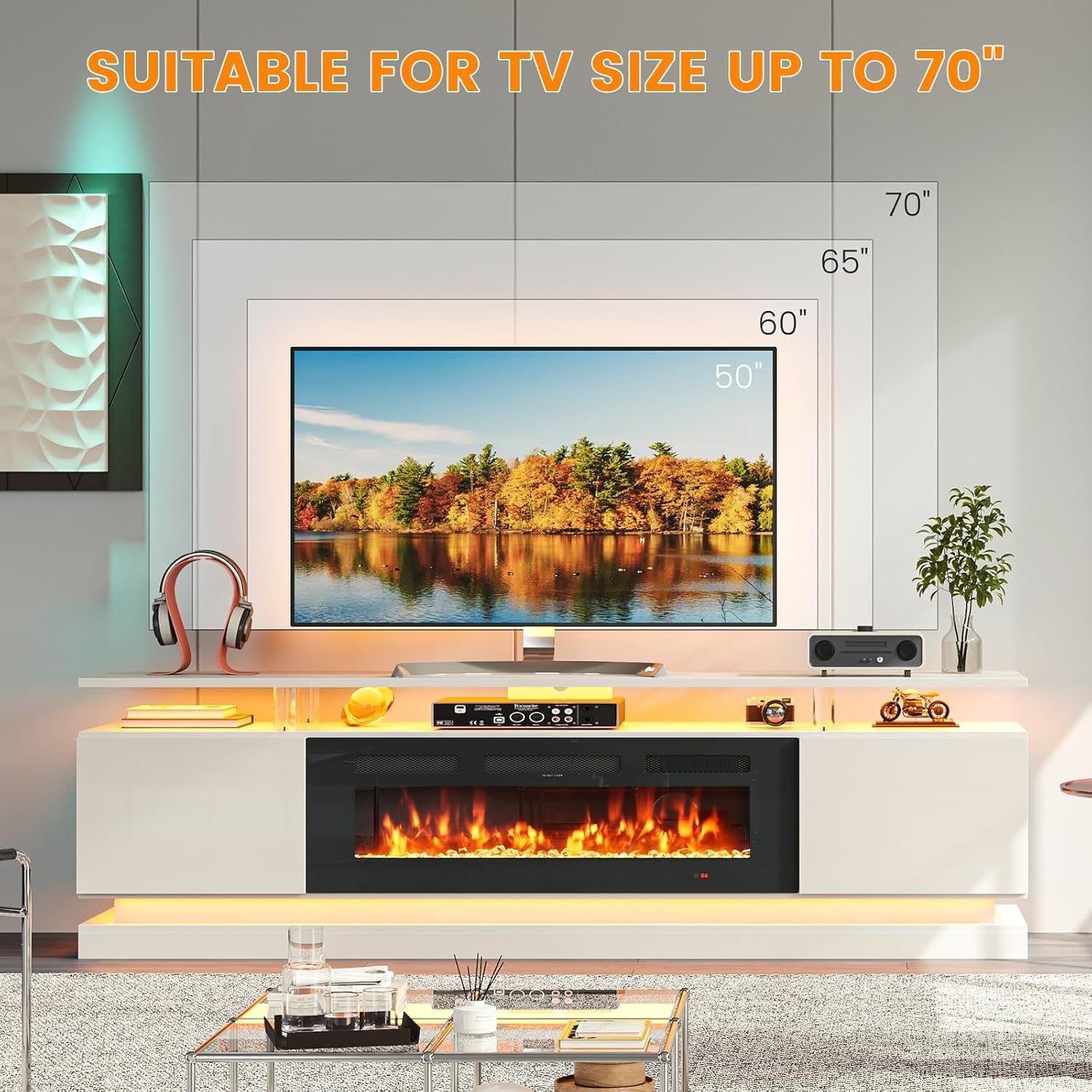 Breezestival 70" Fireplace TV Stand for TVs up to 80", Modern Entertainment Center with Black Fireplace and Storage, White