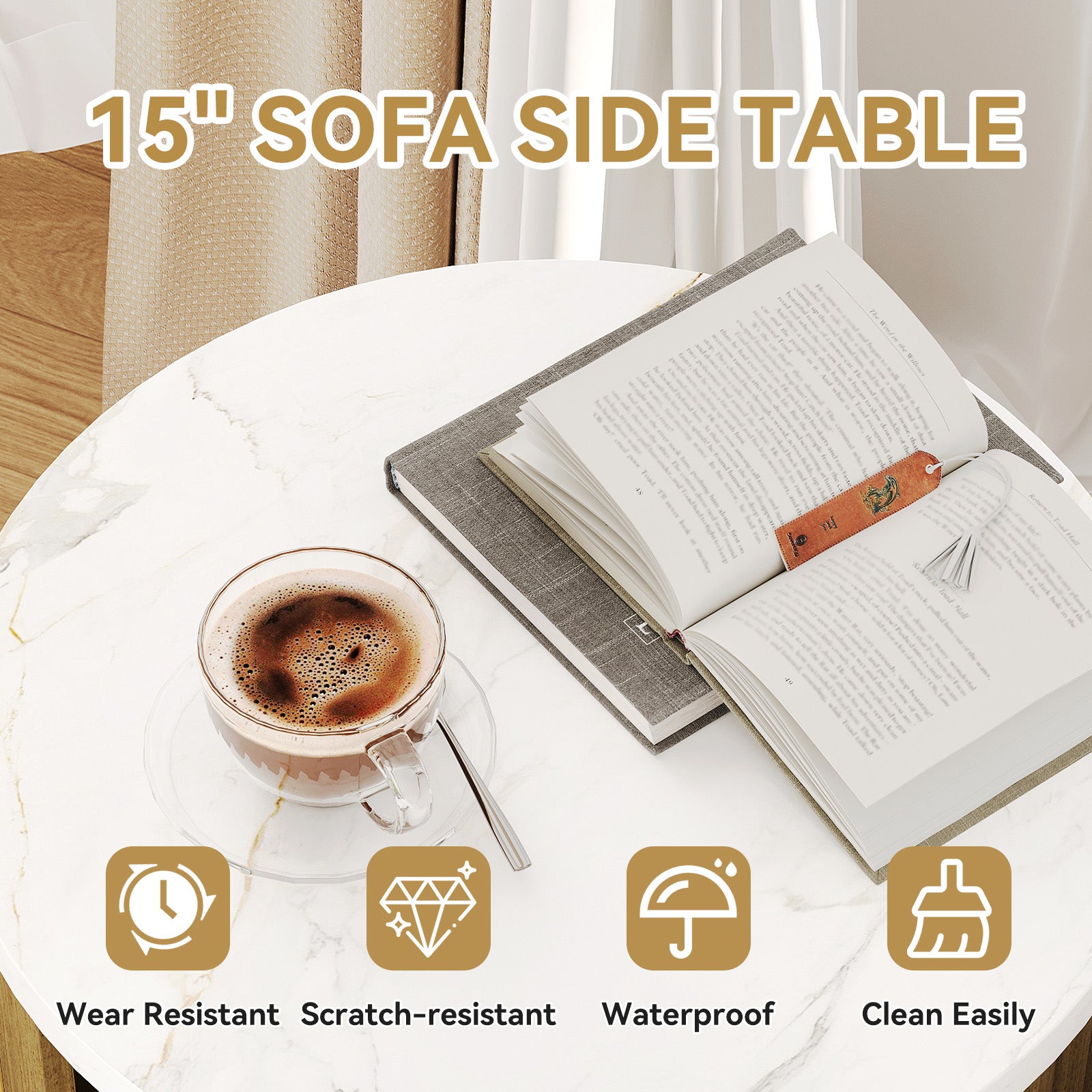 Fluted Nightstand Set of 2, Modern Side Table with Faux Marble Top and Metal Handle