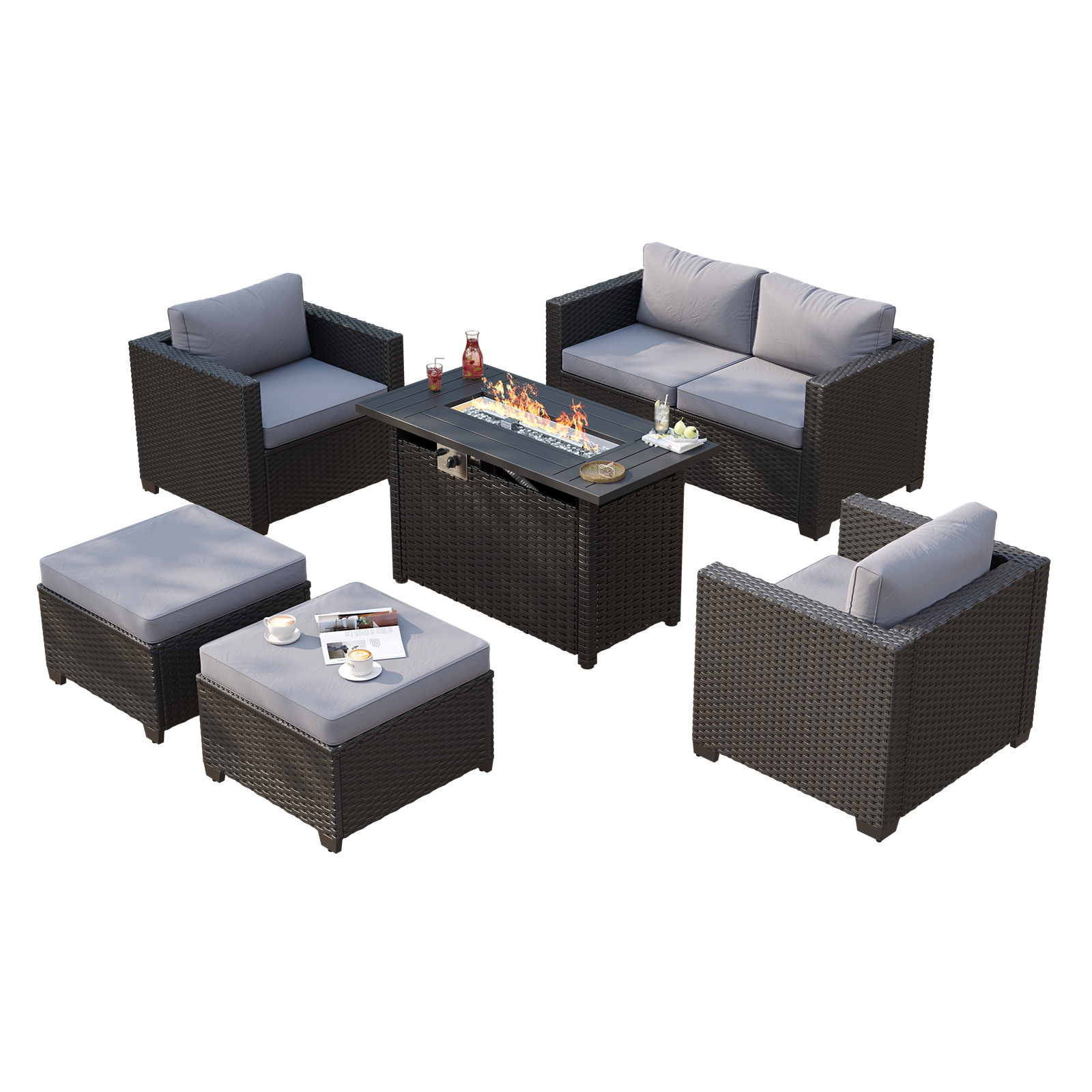Aoxun Patio Furniture Set with Fire Pit Table, 6 Seats Outdoor Furniture Set with Wicker Ottomans, Rattan Outdoor Sectional Sofa with Thickened Cushion & Waterproof Cover Navy Blue