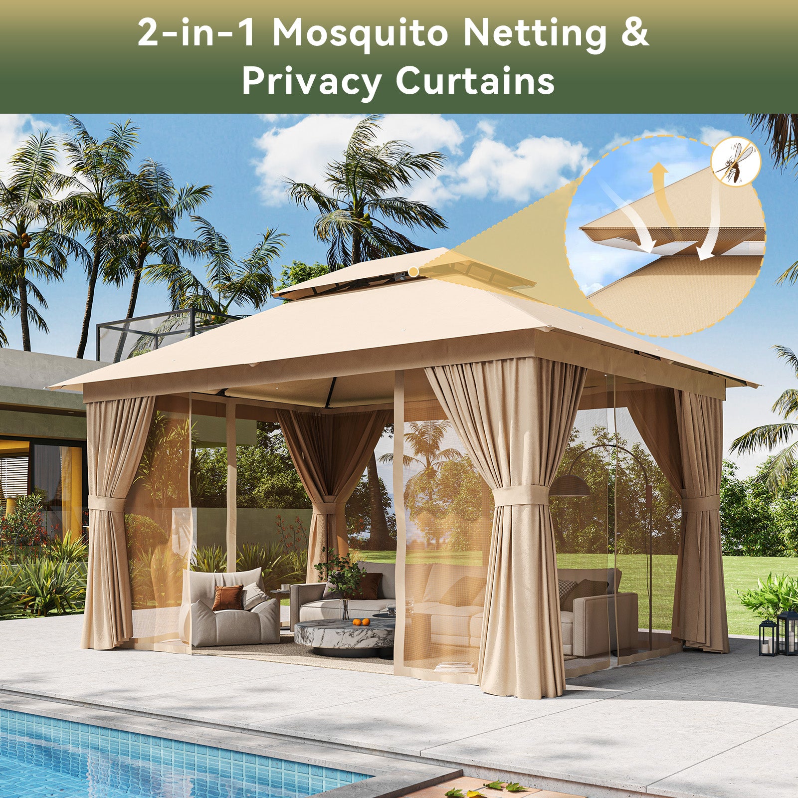 Breezestival 12'x10' Gazebo, Outdoor Gazebo Metal Frame Canopy with Double Roofs, Heavy Duty Patio Tent Shelter with Mosquito Netting and Privacy Screen for Backyard, Beige
