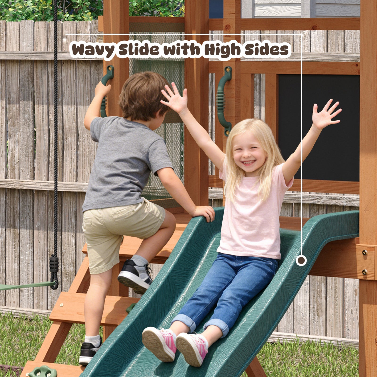 Wooden Swing Sets for Backyard - Playground Sets for Backyards, Kids Outdoor Playset with 6 FT Wave Slide, Play Deck, Rock Wall Ladder, 2 Belt Swings, Chalkboard, Canopy Roof, Green