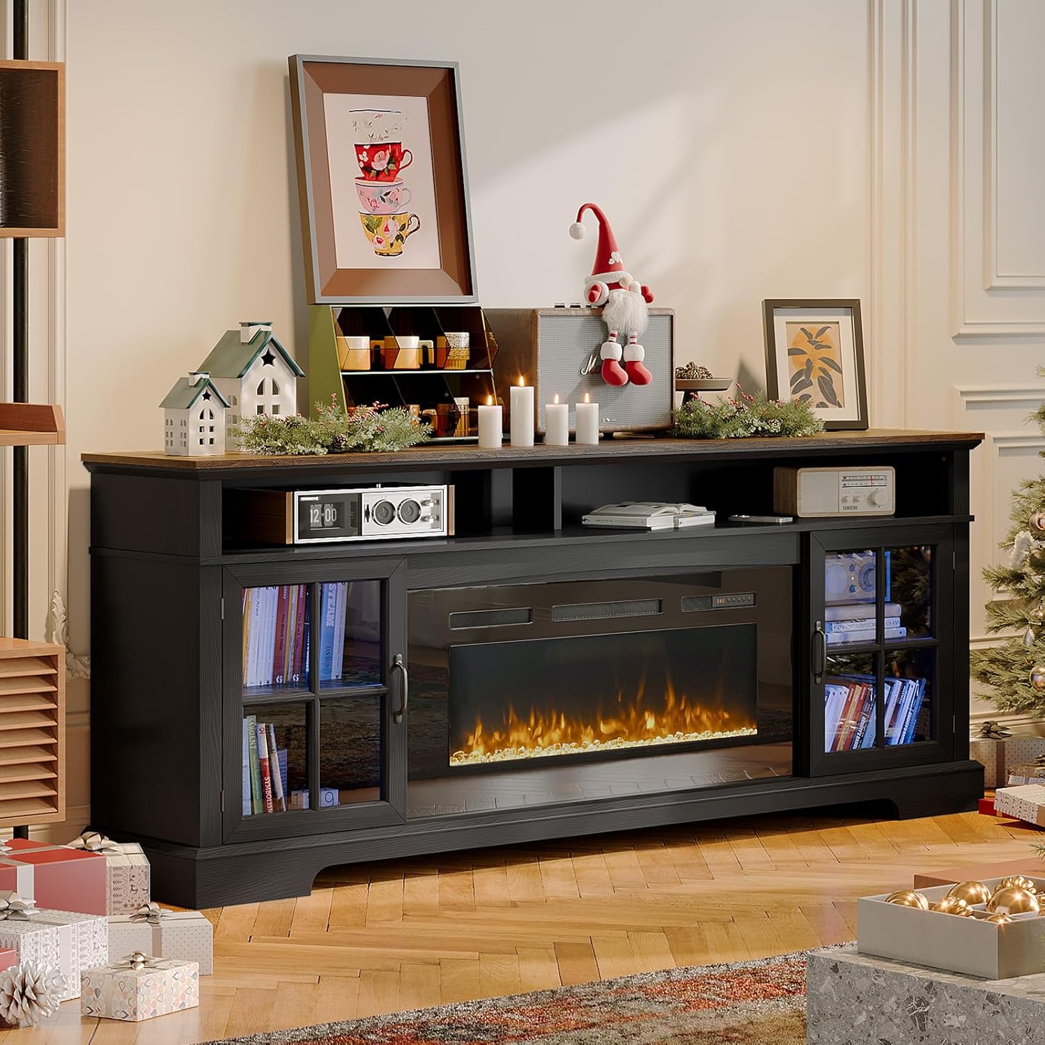 Nordivale 70" Fireplace TV Stand, Farmhouse Entertainment Center for TVs Up to 80”, TV Console with Storage Cabinets, Media Console for Living Room, Black TV Stand and Black Fireplace