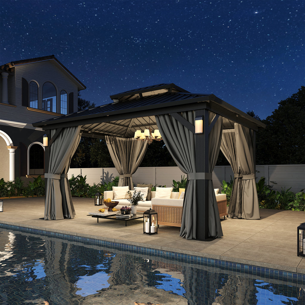 Aoxun 10'x12' Hardtop Gazebo with 4 LED Lights, Outdoor Gazebo with Galvanized Steel Double Roof, Patio Gazebo with Breathable Netting & Privacy Curtain, Decor Hooks for Backyard, Gray