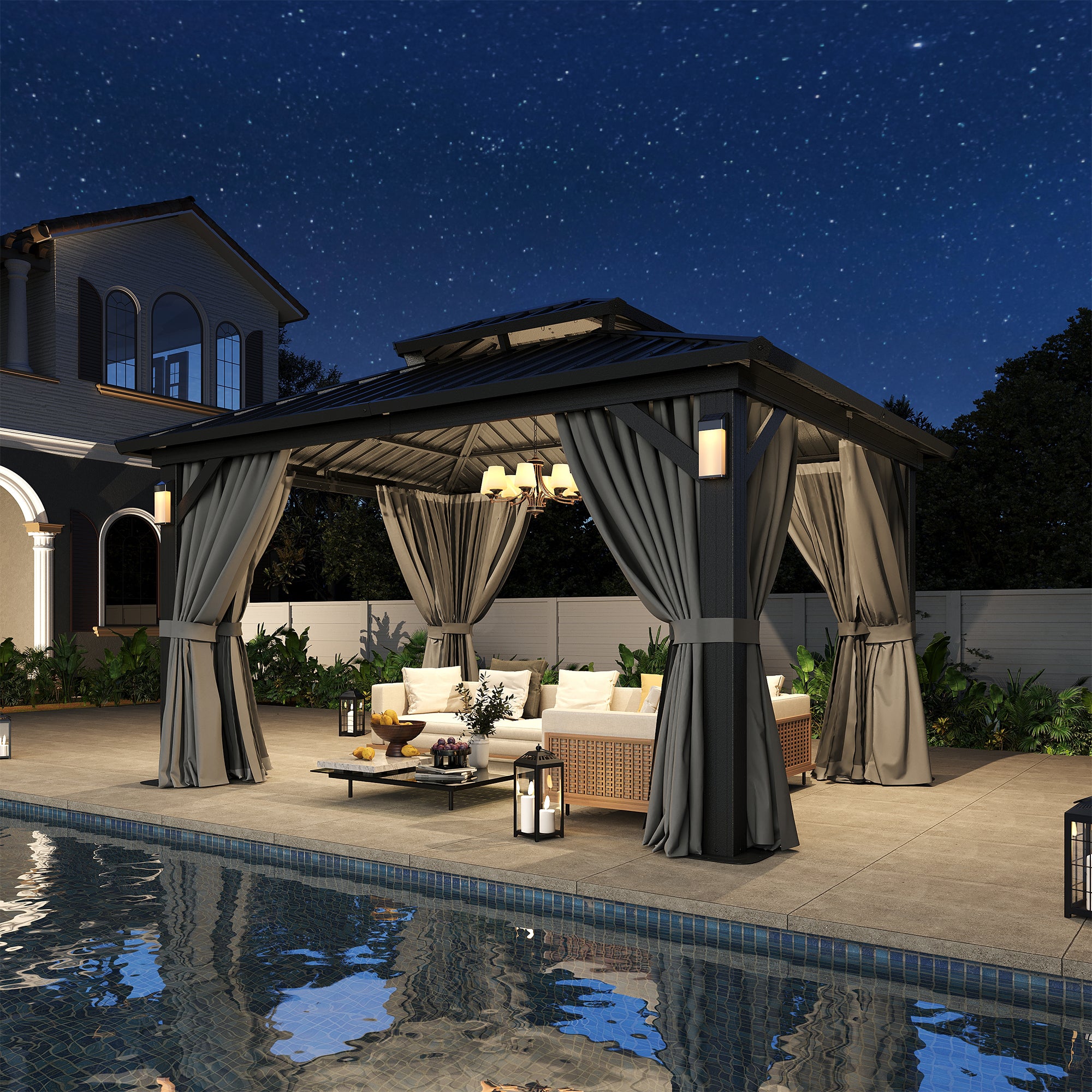 Aoxun 10'x12' Hardtop Gazebo with 4 LED Lights, Outdoor Gazebo with Galvanized Steel Double Roof, Patio Gazebo with Breathable Netting & Privacy Curtain, Decor Hooks for Backyard, Gray