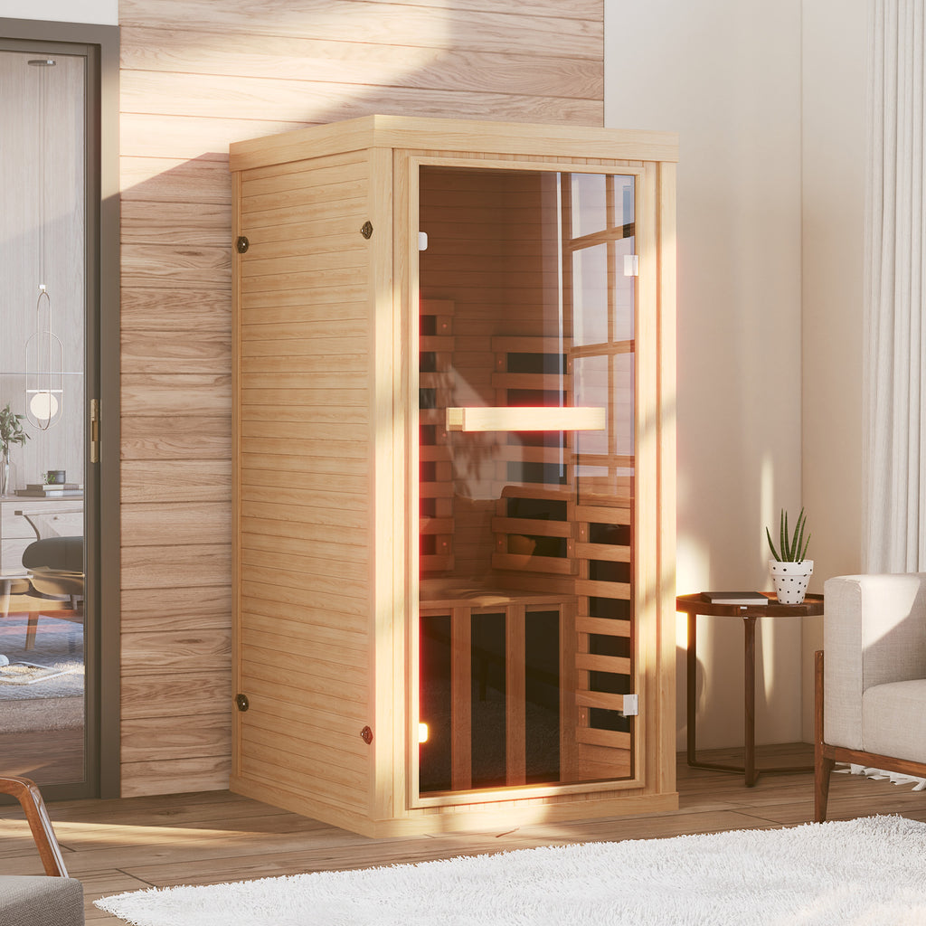 Breezestival 1 Person Infrared Dry Sauna, Canadian Hemlock Wood Indoor Home Spa Sauna Room with Speakers, Tempered Glass Door, 149°F Max, 32.3"x32.3"x61.6"