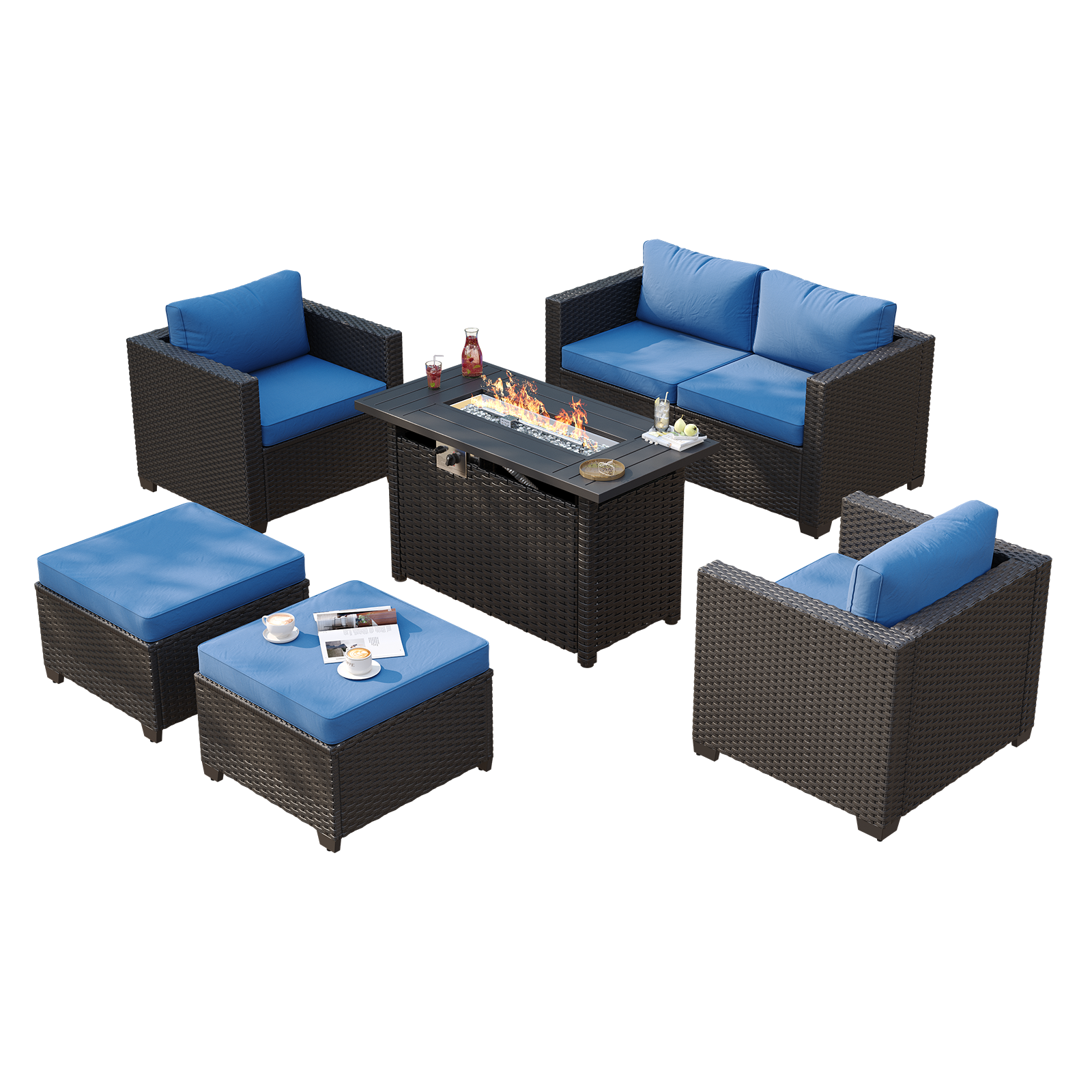 Aoxun Patio Furniture Set with Fire Pit Table, 6 Seats Outdoor Furniture Set with Wicker Ottomans, Rattan Outdoor Sectional Sofa with Thickened Cushion & Waterproof Cover Navy Blue