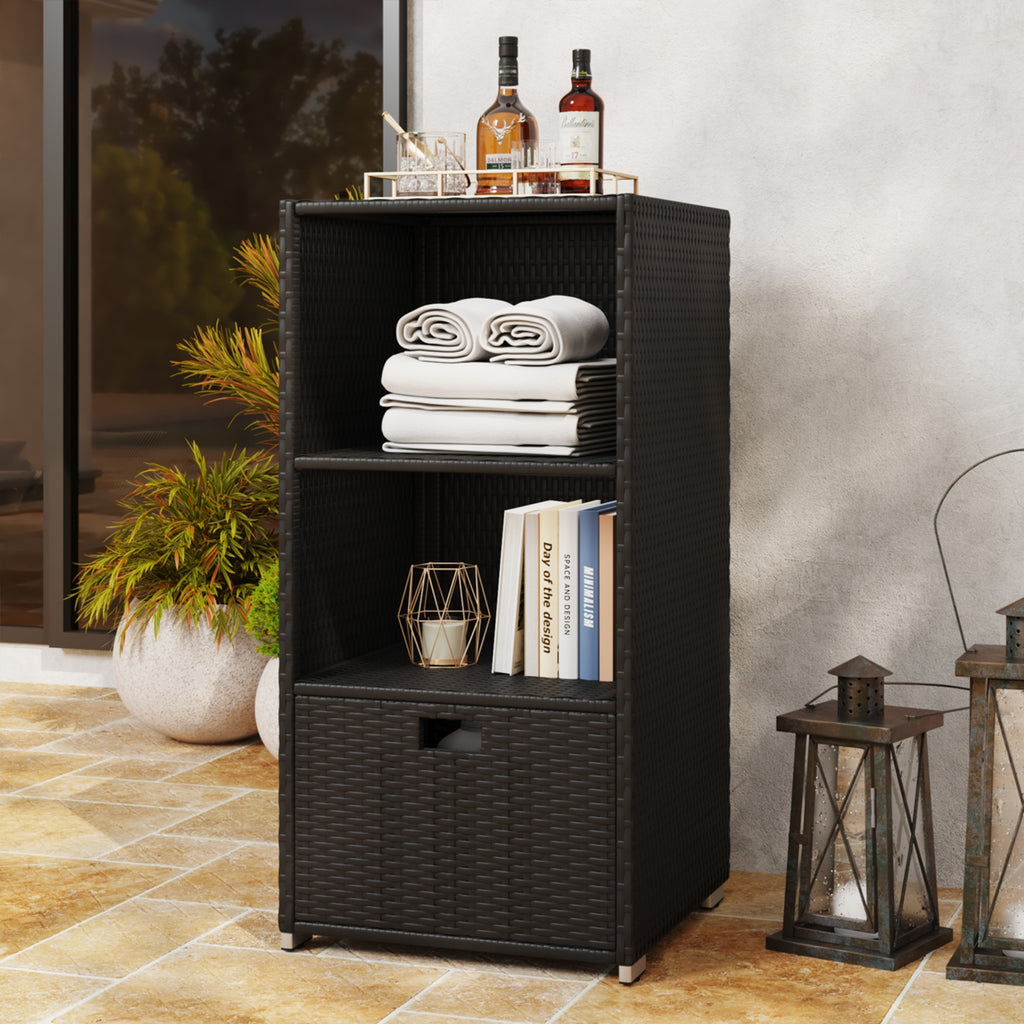 SunSwell Rattan Outdoor Pool Towel Rack Cabinet, Wicker Pool Storage Bins Storage Organizer, 2 Layer Shelf Hot Tub Spa Accessories