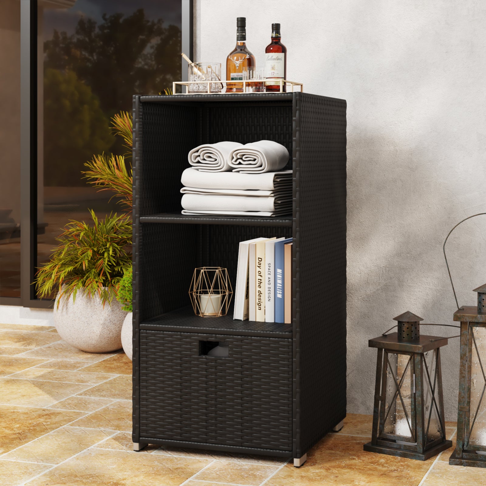 SunSwell Rattan Outdoor Pool Towel Rack Cabinet, Wicker Pool Storage Bins Storage Organizer, 2 Layer Shelf Hot Tub Spa Accessories