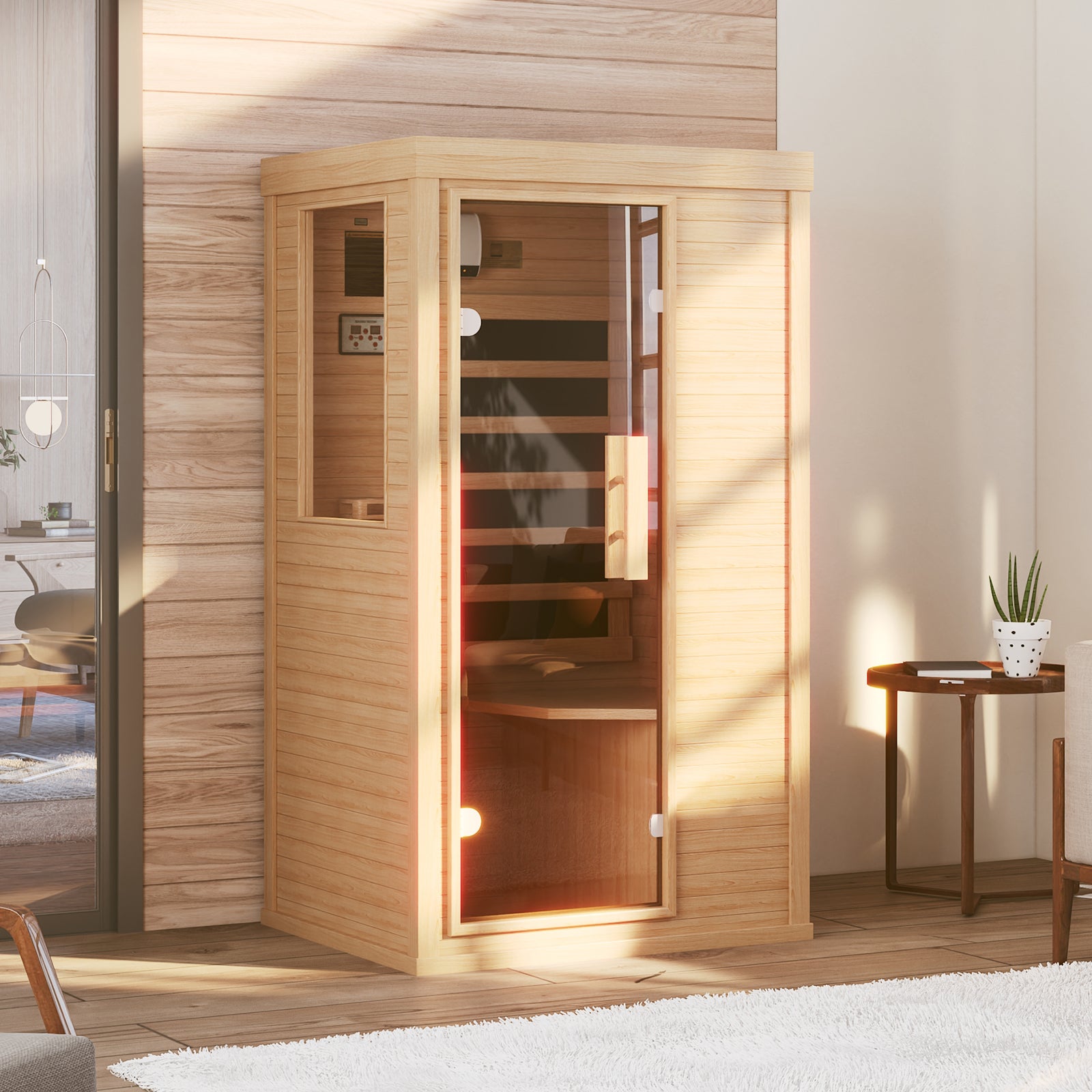 SunSwell  1 Person Home Infrared Saunas with Control Panel,10 Chromotherapy, Bluetooth Speakers, Low EMF Wooden Indoor Sauna for House and Gym,33.4 * 33.4 * 66.9 inch