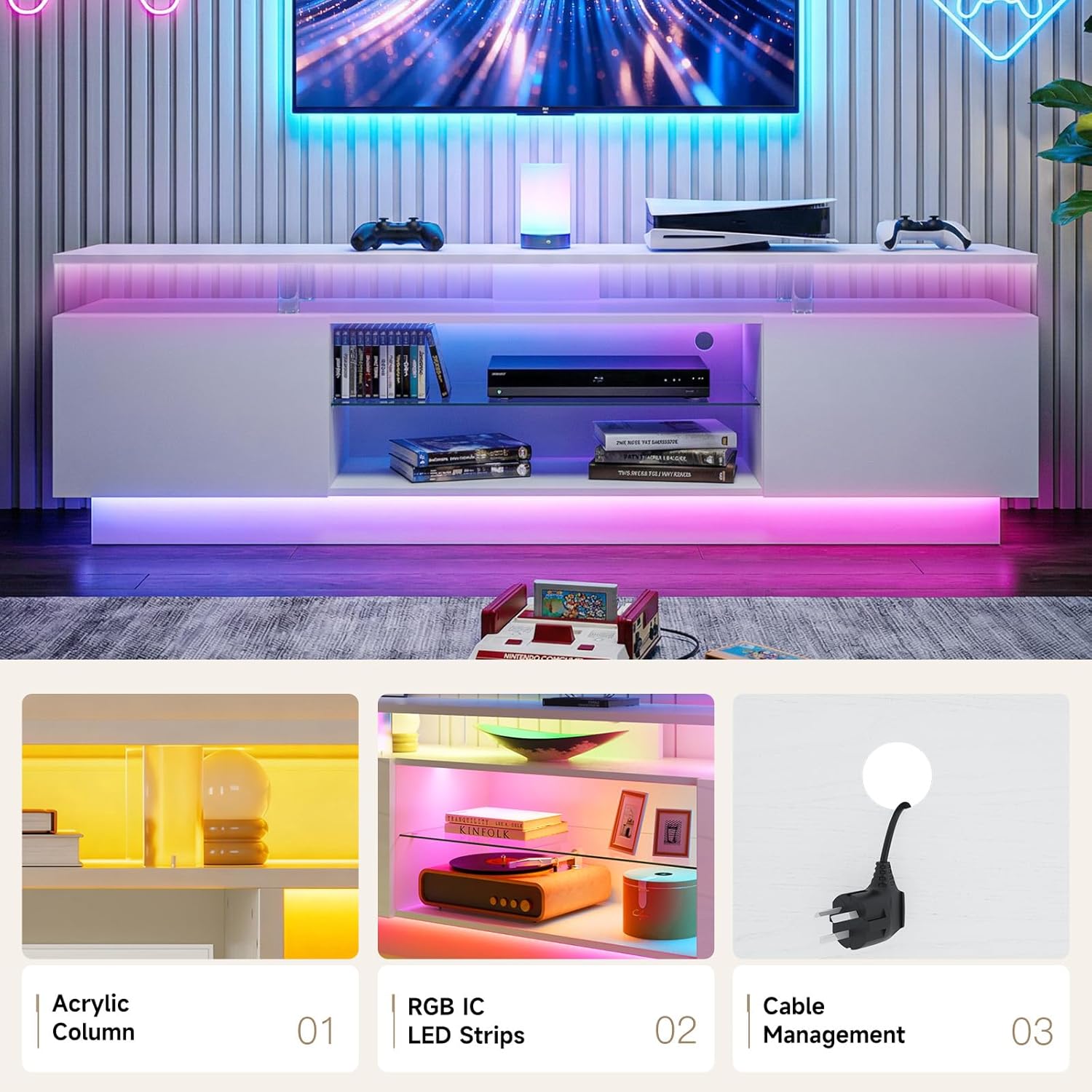 Breezestival 70 Inch High-Glossy TV Stand with 2 Side Cabinets, Modern Stylish TV Console with 3 Layer LED Lights,Modern Entertainment Center with Adjustable Glass Shelf, Remote&APP Control, White