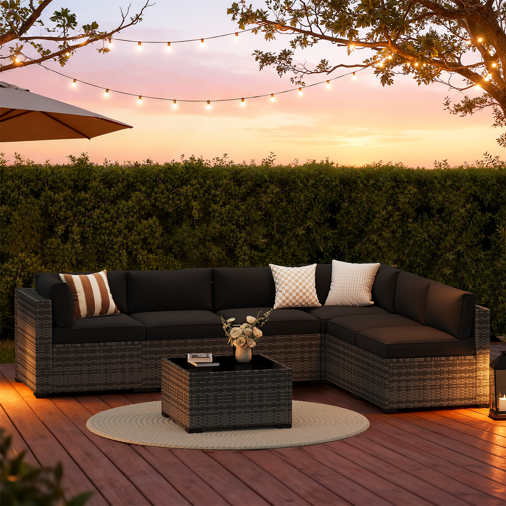LazySunsets 7-Piece Patio Furniture Set, Wicker Rattan Outdoor Furniture with Thick Cushions, Patio Conversation Sets with Coffee Table, Outdoor Sectional Couch Sofa with Waterproof Cover