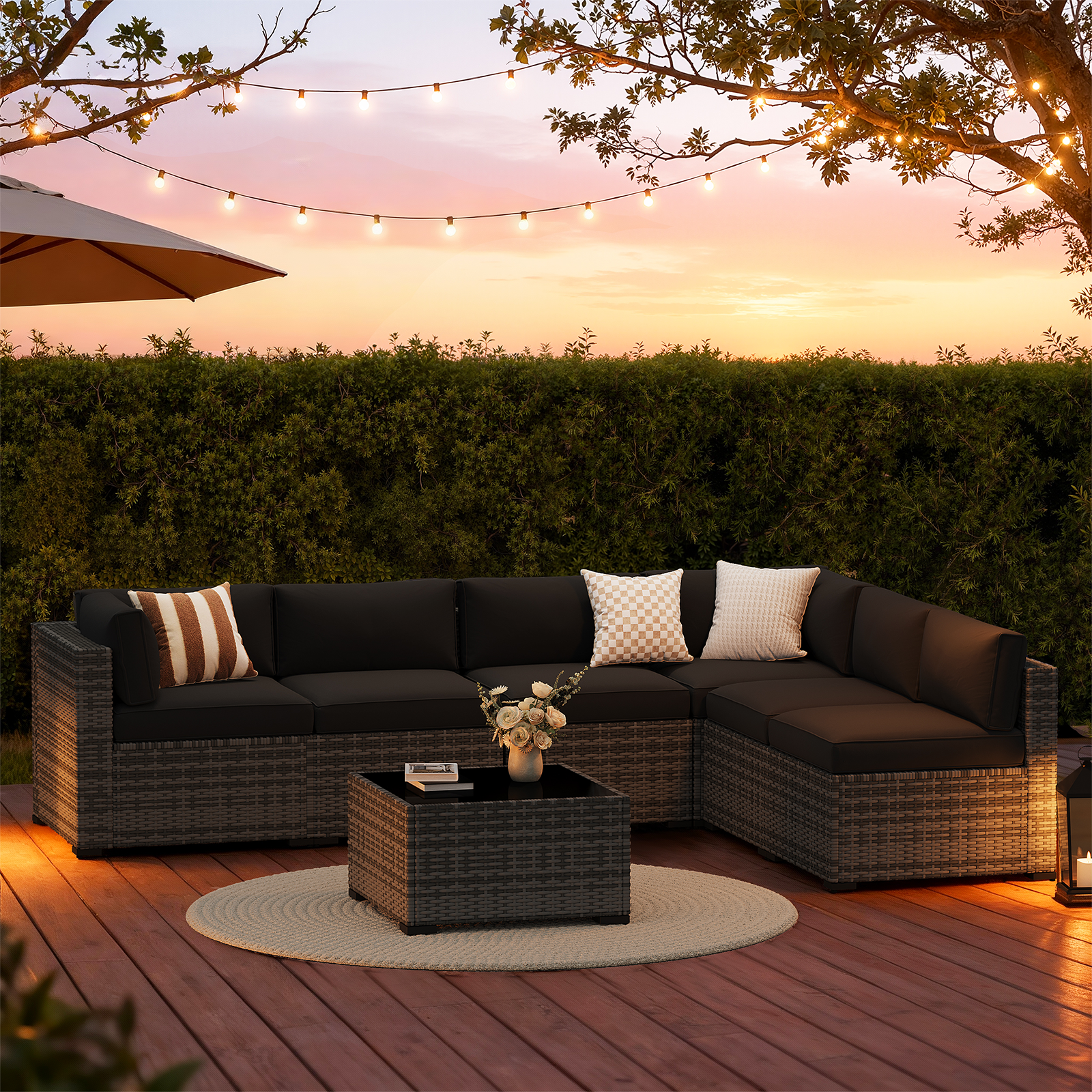 LazySunsets 7-Piece Patio Furniture Set, Wicker Rattan Outdoor Furniture with Thick Cushions, Patio Conversation Sets with Coffee Table, Outdoor Sectional Couch Sofa with Waterproof Cover