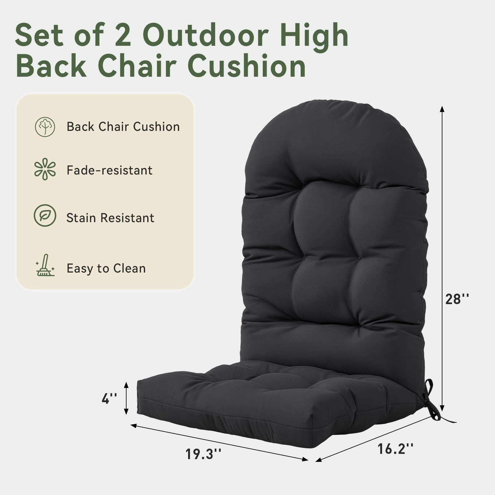 Aoxun Adirondack Chair Cushion, Indoor/Outdoor Rocking Chair Cushion with Ties, Thickened High Back Patio Chair Cushions with High Elasticity PP Cotton Water-Resistant, 2-Pack, Grey