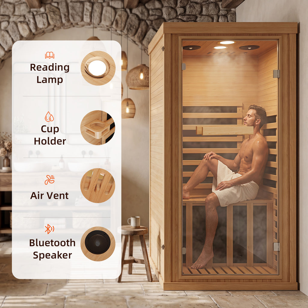 Breezestival 1 Person Infrared Dry Sauna, Canadian Hemlock Wood Indoor Home Spa Sauna Room with Speakers, Tempered Glass Door, 149°F Max, 32.3"x32.3"x61.6"