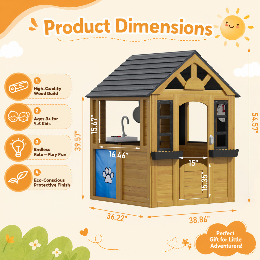Aoxun Kids Outdoor Playhouse Wooden Play House for Toddlers Ages 3-6 with Play Kitchen,Snack Bar,Pet Door,Blackboards,Windows,Flowerpots,Doorbell,Outside Playground Playset for Backyard,Garden,Brown
