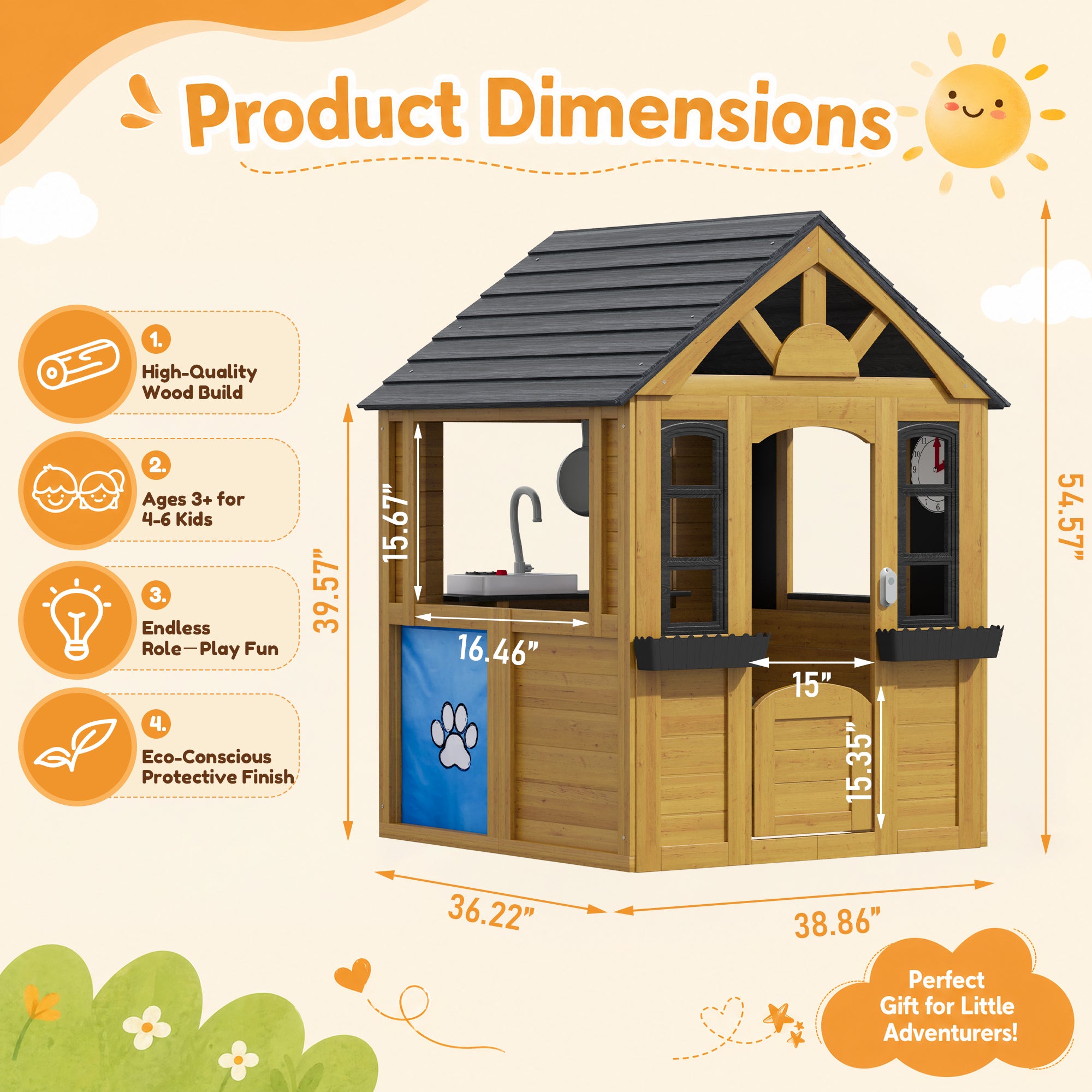 Aoxun Kids Outdoor Playhouse Wooden Play House for Toddlers Ages 3-6 with Play Kitchen,Snack Bar,Pet Door,Blackboards,Windows,Flowerpots,Doorbell,Outside Playground Playset for Backyard,Garden,Brown