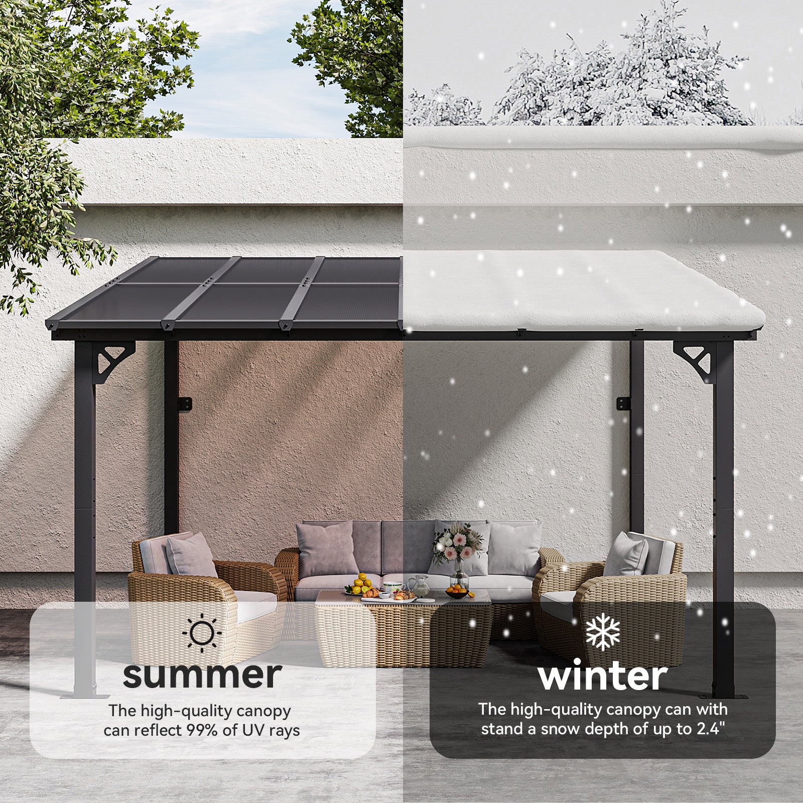 Binplax 12x10 Lean to Gazebo with Polycarbonate Panel Wall Mounted Gazebo with Aluminum Top Frame Awing for Patio, Deck, Garden
