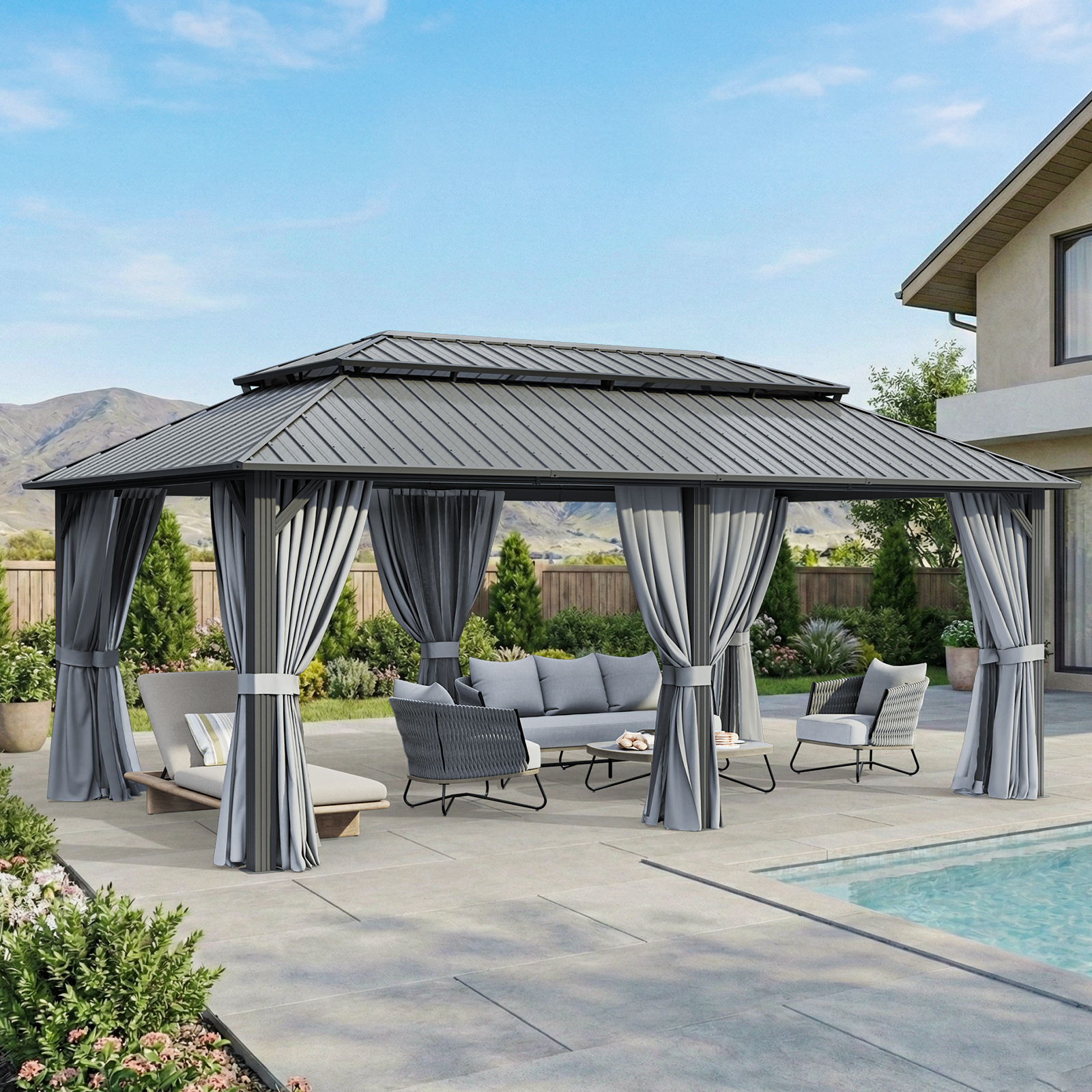 BinpLax 20x12FT Outdoor Gazebo - Hardtop Pergolas for Patios with Curtains and Netting Included, Permanent Gazebo Pavilion with Double Galvanized Steel Roof for Party, Outdoor Dining, Wedding, Gray