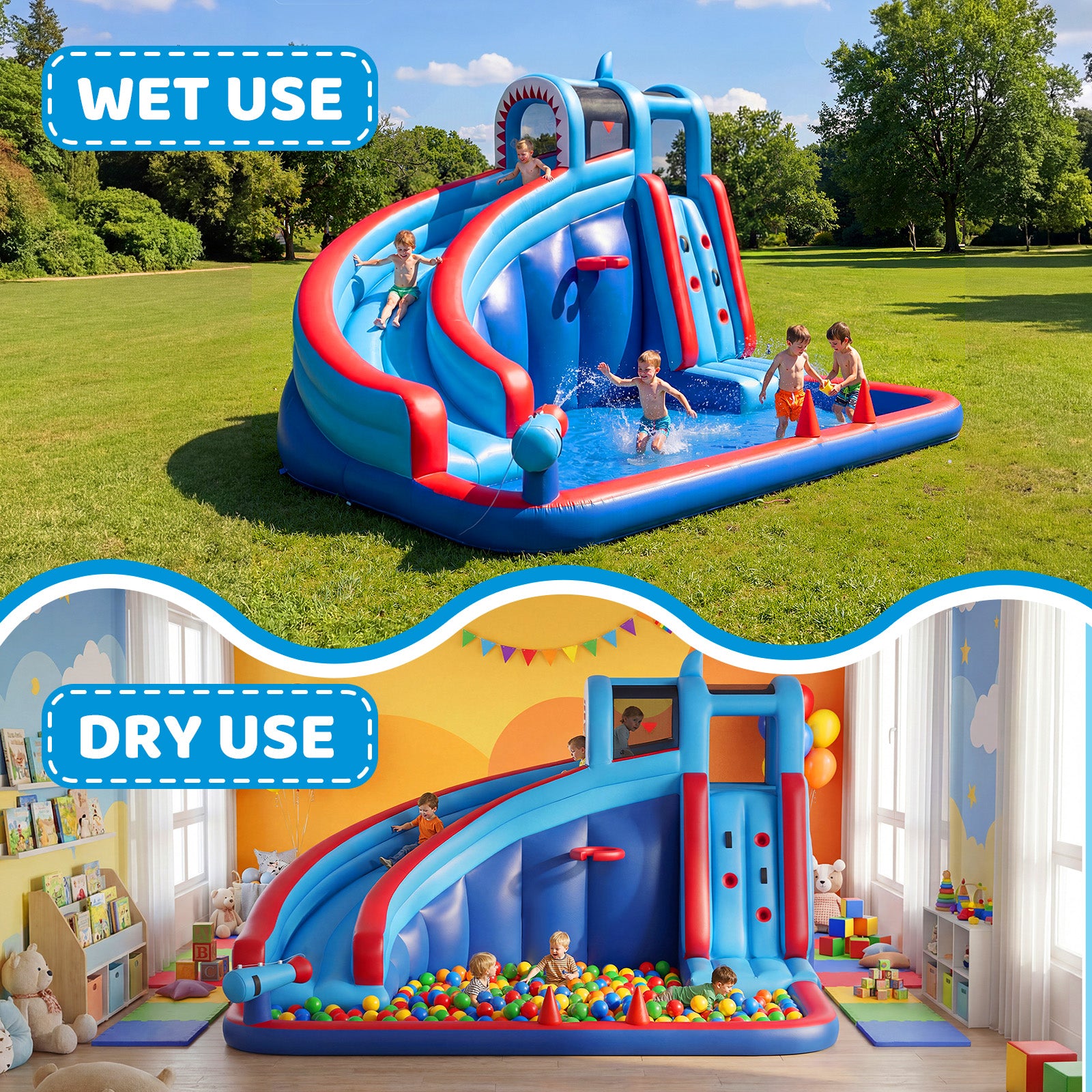 5 in 1n Inflatable Bounce House for Kids with Water Slide, Climbing Wall, Splash Pool, Water Cannon, Basketball Rim, with 450W Blower, for Indoor and Outdoor Activities