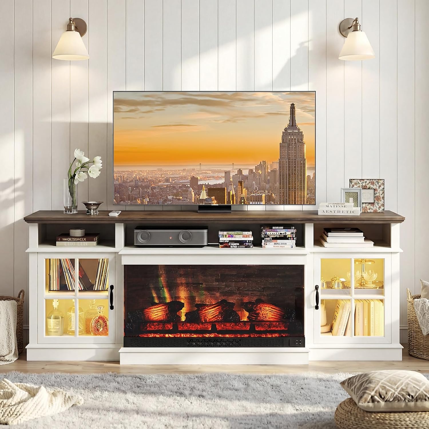 Breezestival 70" Fireplace TV Stand, Farmhouse TV Stand for TVs up to 80” with LED Lights, Media Entertainment Center with Glass Door for Living Room, White