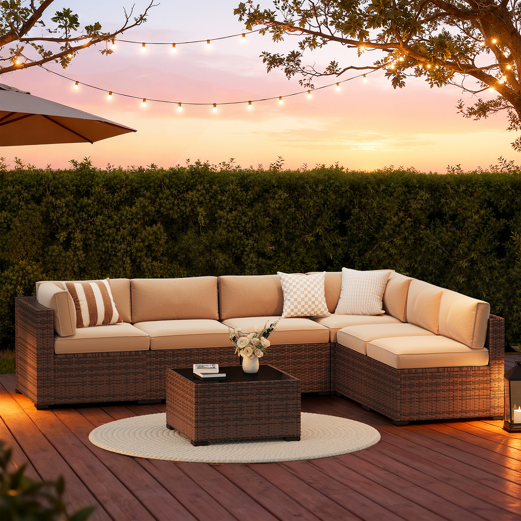 LazySunsets 7-Piece Patio Furniture Set, Wicker Rattan Outdoor Furniture with Thick Cushions, Patio Conversation Sets with Coffee Table, Outdoor Sectional Couch Sofa with Waterproof Cover