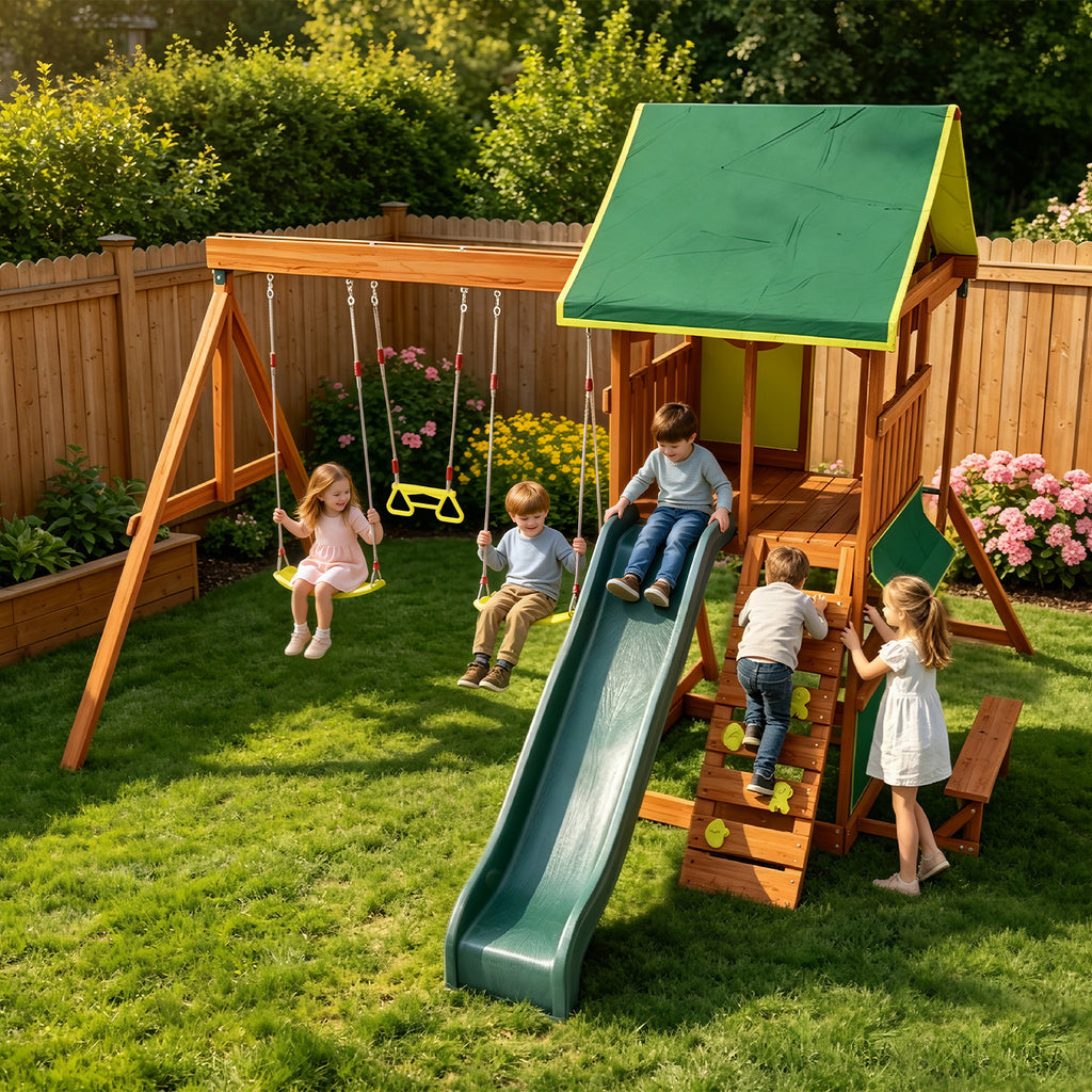 SunSwell Wooden Swing Sets for Backyard - Outdoor Playset with 8 FT Wave Slide, 2 Belt Swings, Play Deck, Monkey Bars, Rock Wall Ladder, Shaded Picnic Area, Snack Bar, Playground Sets,Green