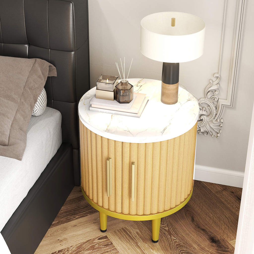 Fluted Nightstand Set of 2, Modern Side Table with Faux Marble Top and Metal Handle