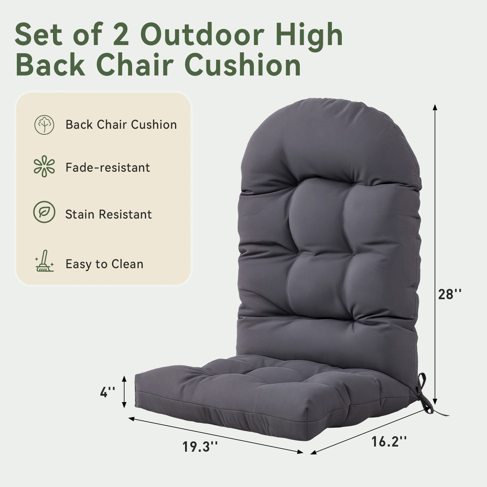 Aoxun Adirondack Chair Cushion, Indoor/Outdoor Rocking Chair Cushion with Ties, Thickened High Back Patio Chair Cushions with High Elasticity PP Cotton Water-Resistant, 2-Pack, Grey