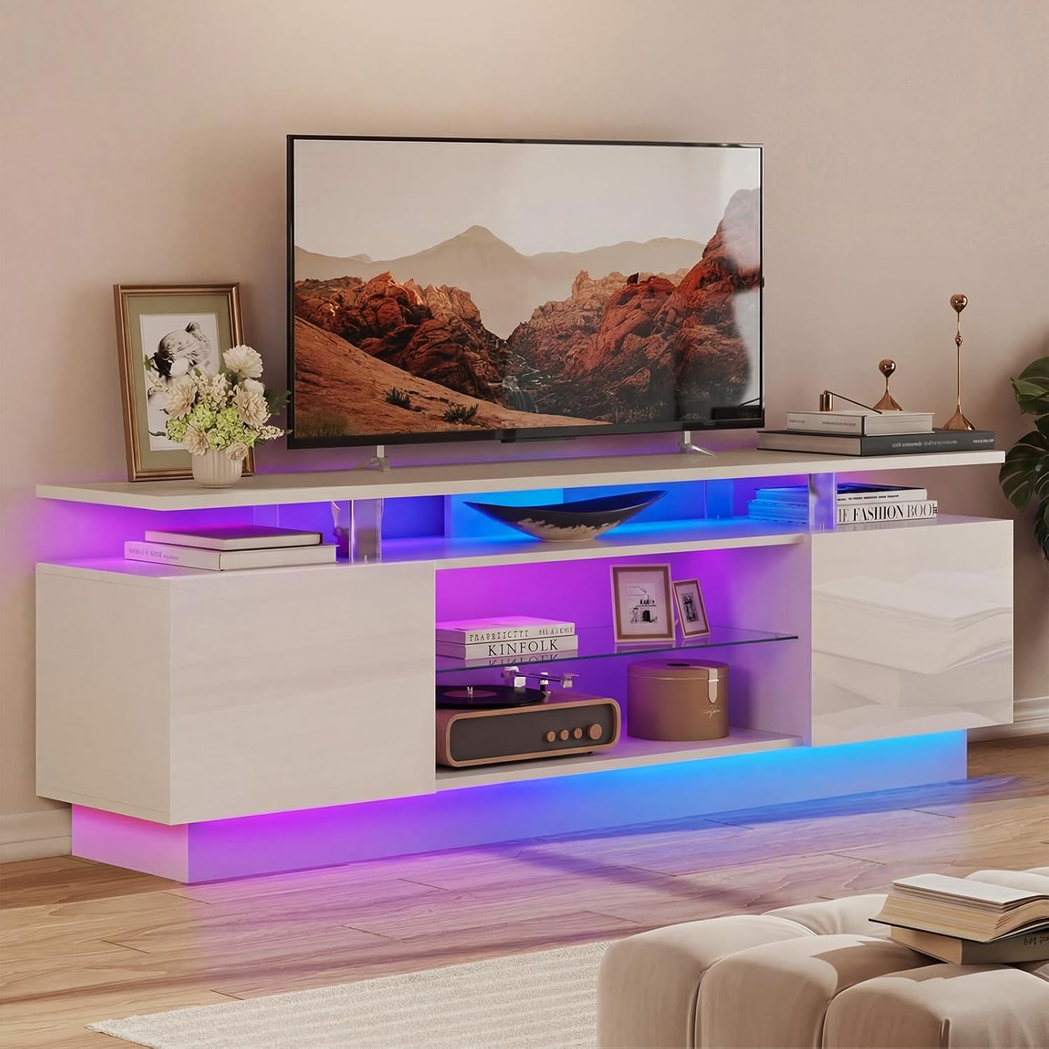 Nordivale 70” High-Glossy TV Stand with 2 Side Cabinets, Modern Stylish TV Console with 3 Layer LED Lights,Gaming TV Media Console with Adjustable Glass Shelf, Remote&APP Control, White