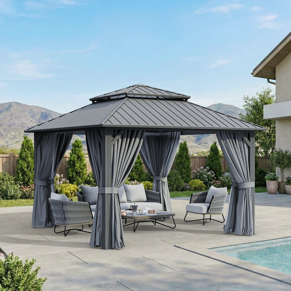 BinpLax 12x12FT Outdoor Gazebo - Hardtop Pergolas for Patios with Curtains and Netting Included, Permanent Gazebo Pavilion with Double Galvanized Steel Roof for Party, Outdoor Dining, Wedding, Gray