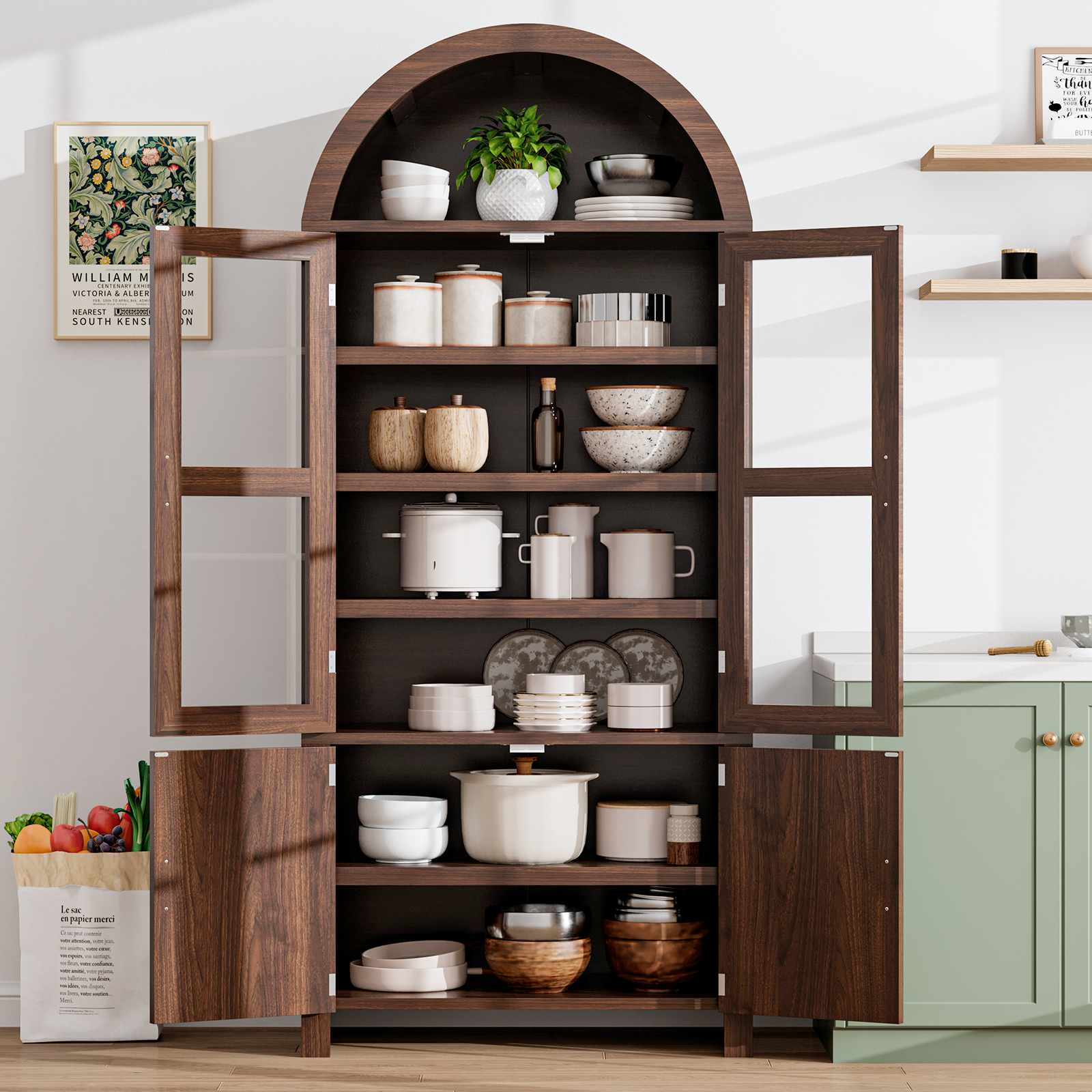Tall Arched Kitchen Pantry, Modern Farmhouse Wood Kitchens Storage Cabinets