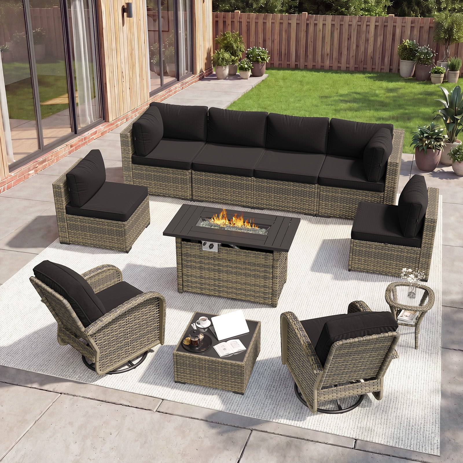Aoxun 11 Piece Outdoor Patio Furniture Set with 44'' Fire Pit Table, Wicker Rattan Outdoor Furniture with High Back Swivel Rocker Chairs, Outdoor Sofa Set with Thick Cushion & Side Table