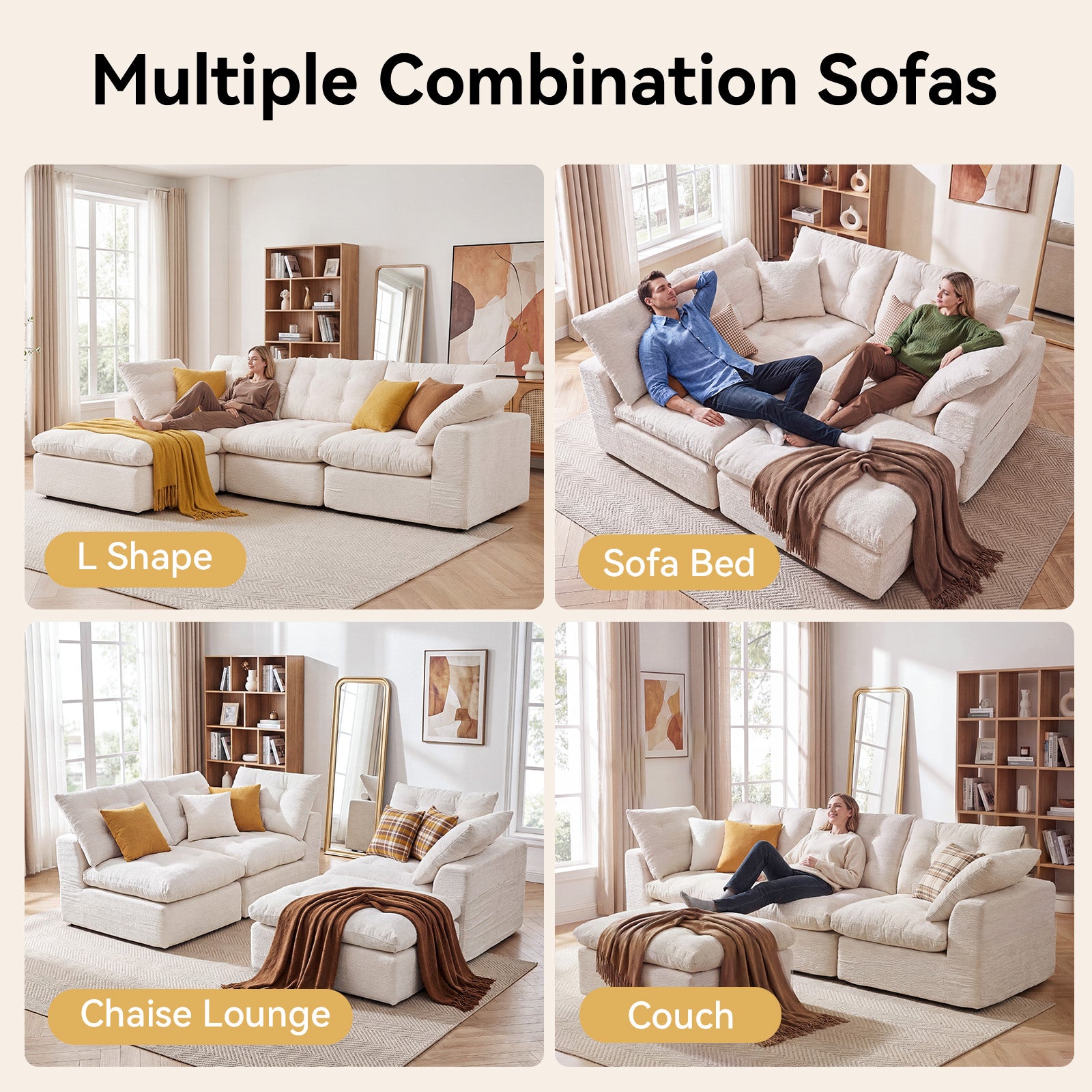 Nordivale 112" Boneless Couch Chenille Cloud Couch Oversized Modular Sectional Sofa with Storage Pockets for Living Room, Bedroom, No Assembly Required, L-shape with Ottoman+3 Seater (Beige)