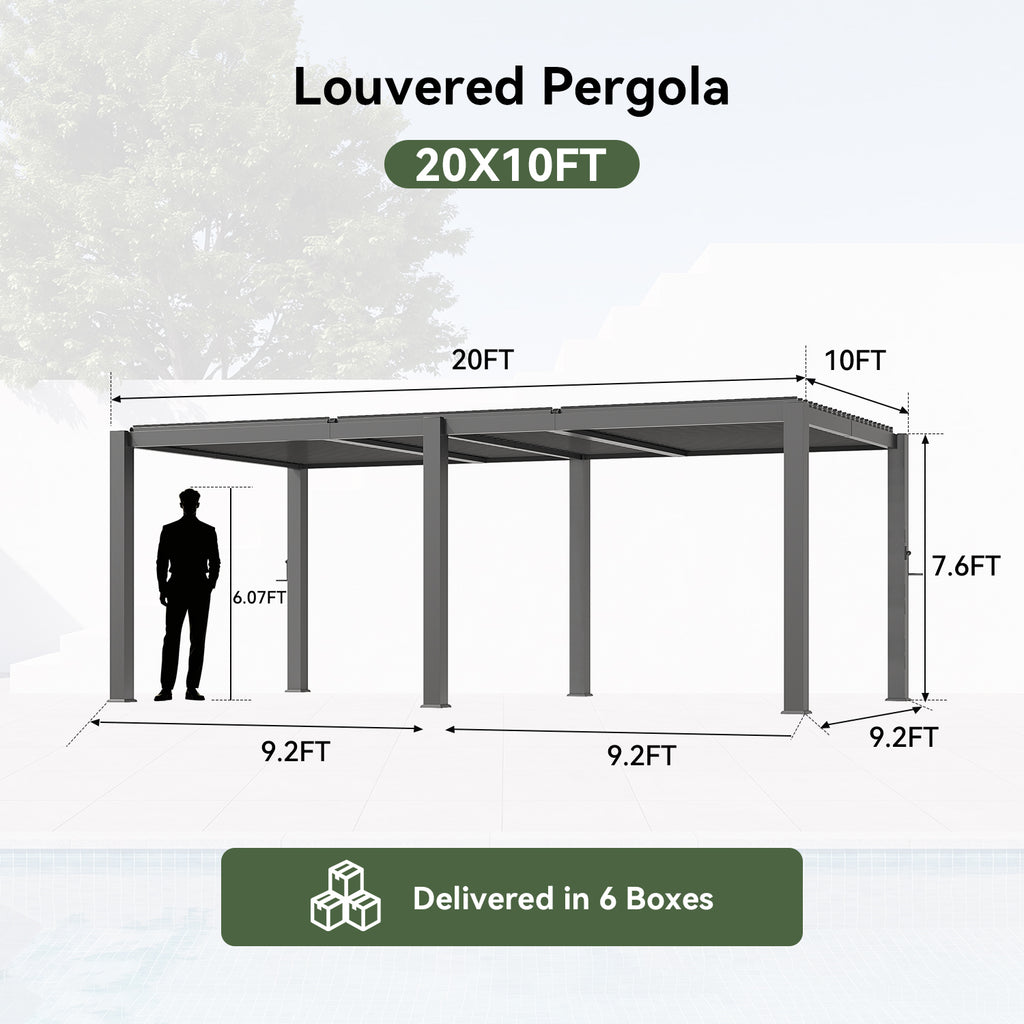 Aoxun Louvered Pergola 10x20, 3.8" x 3.8" Thickened Posts, Power Outlet With Adjustable Roofs, Built-in Drainage System and Patented Easy-Assembly Design for Patios, Backyards and Gardens, Gray