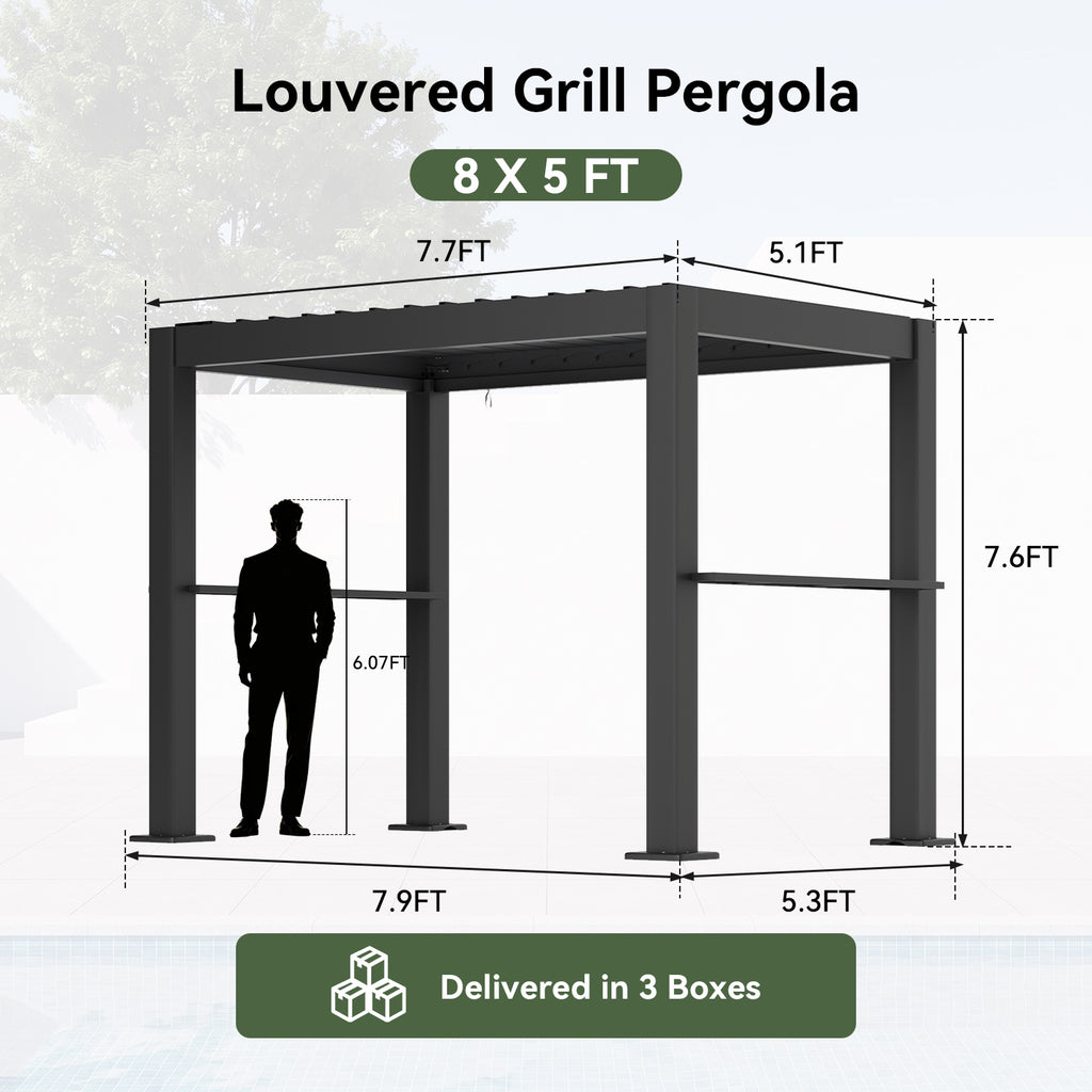 Aoxun 8x5 Grill Pergola, Louvered Pergola with 2 Side Shelves, Gray，Adjustable Louvered Roof 0-90° | Hidden Drainage System | Galvanized Steel Frame | Outdoor BBQ Station | 3.8" Thick Posts
