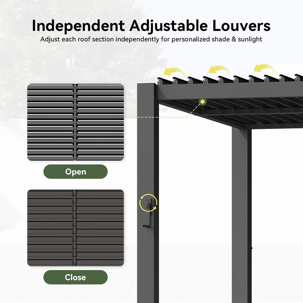 Aoxun Louvered Pergola 10x20, 3.8" x 3.8" Thickened Posts, Power Outlet With Adjustable Roofs, Built-in Drainage System and Patented Easy-Assembly Design for Patios, Backyards and Gardens, Gray