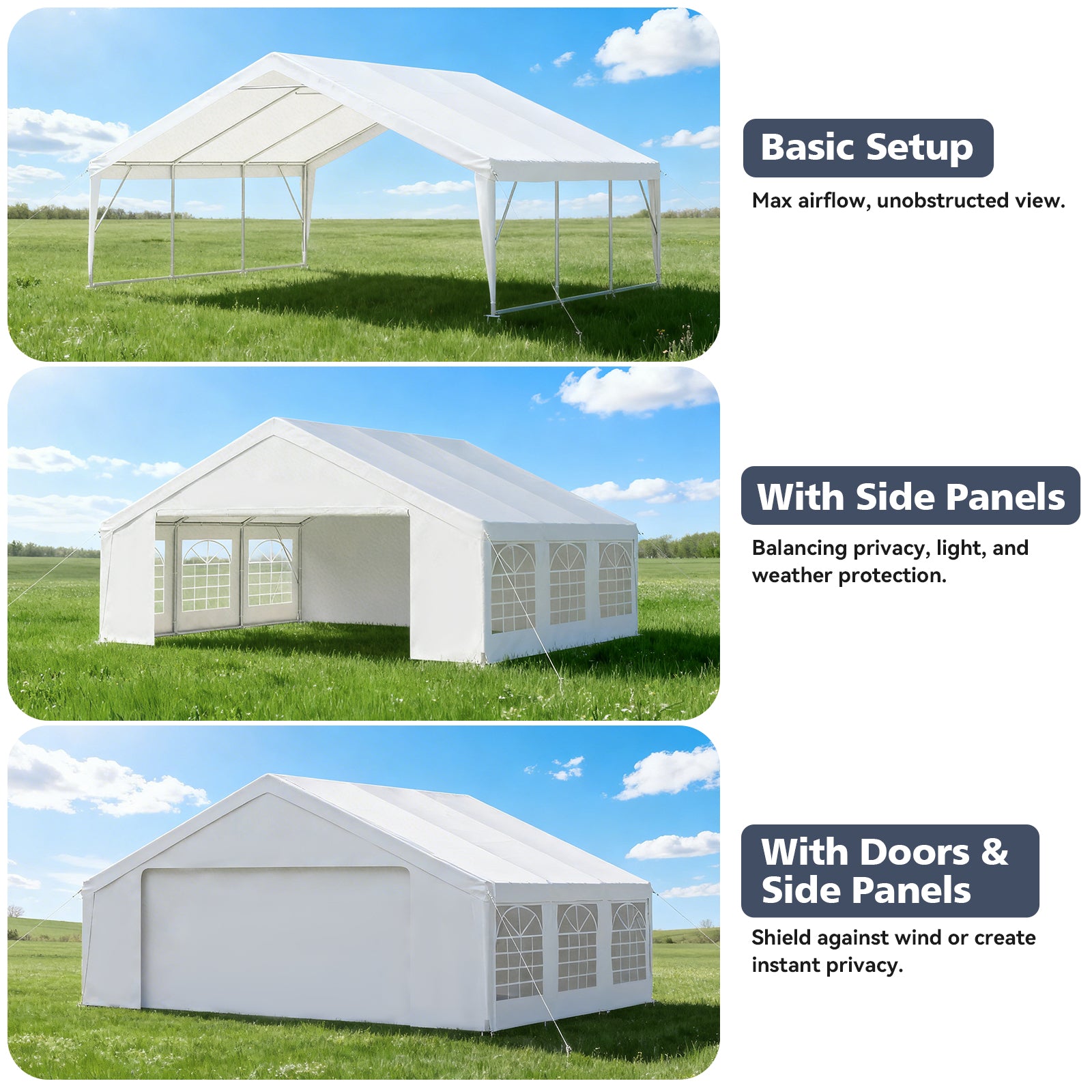 Binplax Party Tent 20x20 Canopy Heavy Duty, Waterproof Outdoor Event Tent with Removable Sidewalls & Roll-Up Door, Portable Carport for Wedding, BBQ, Camping, Birthday Party