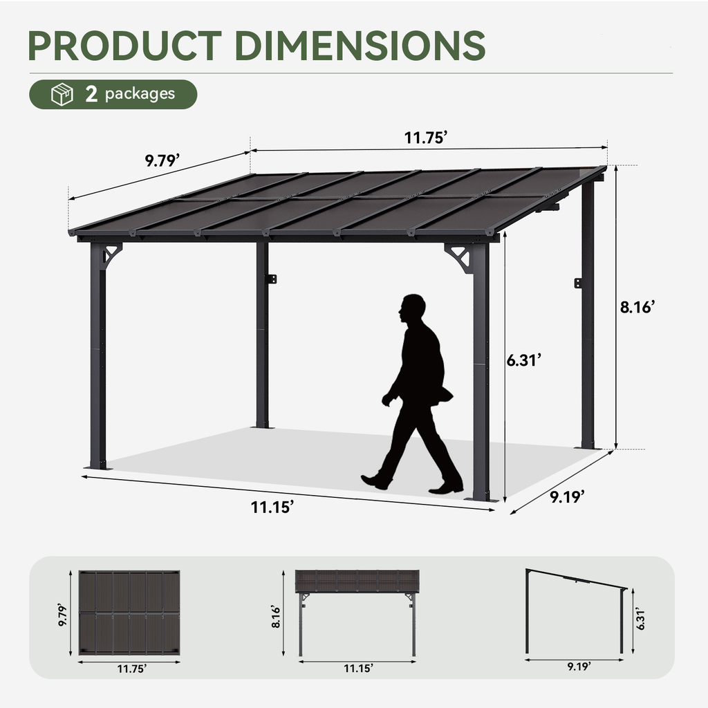 Binplax 12x10 Lean to Gazebo with Polycarbonate Panel Wall Mounted Gazebo with Aluminum Top Frame Awing for Patio, Deck, Garden