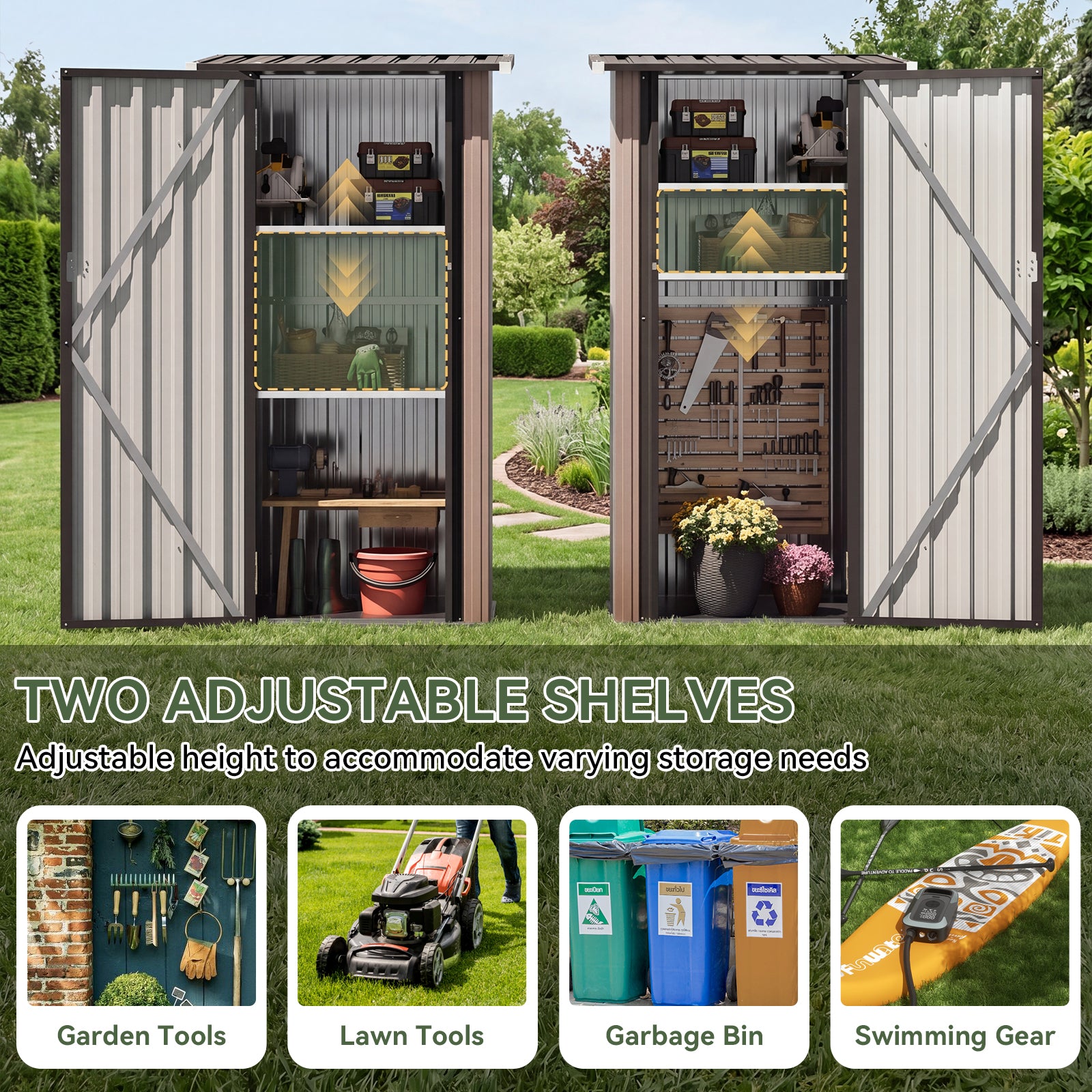 Aoxun Outdoor Storage Cabinet Shed - Vertical Cabinet with Floor, 2 Adjustable Shelves & Lockable Doors, Waterproof Small Tool Shed, for Backyard Garden Patio Lawn Indoor, Brown