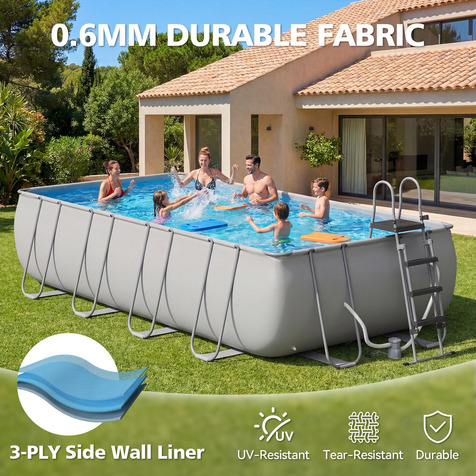 SunSwell 20' x 11' x 47" Rectangular Frame Pool Set with Removable Ladder and Sand Filter Pump, Large Swimming Pool for Backyard and Family, Gray