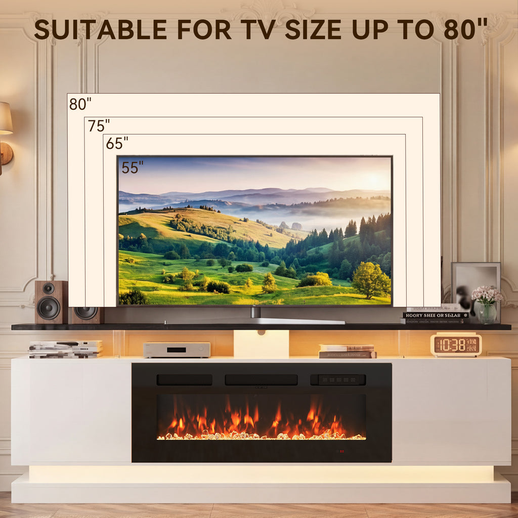 Breezestival 70" Fireplace TV Stand for TVs up to 80", Modern Entertainment Center with Black Fireplace and Storage, White