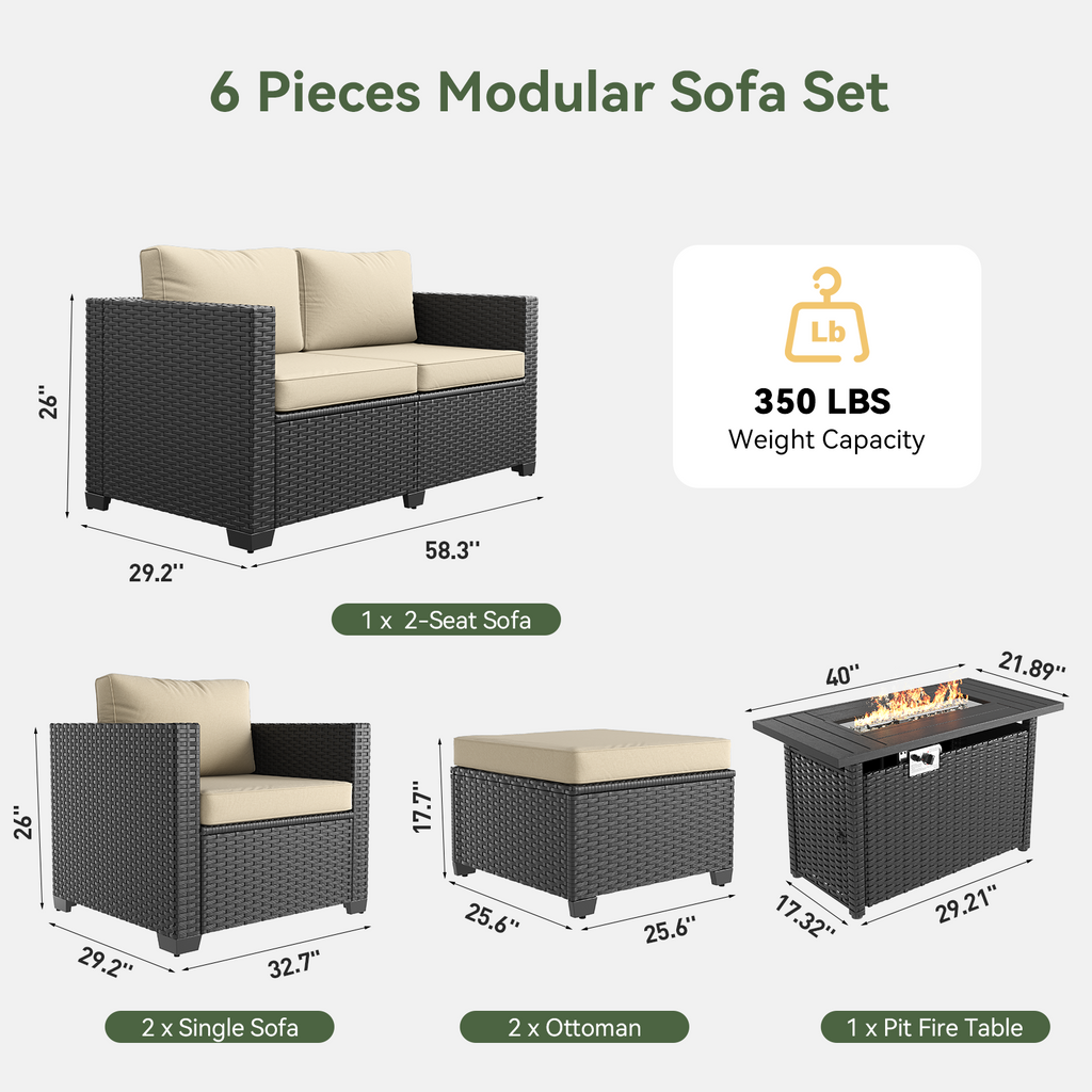 Aoxun Patio Furniture Set with Fire Pit Table, 6 Seats Outdoor Furniture Set with Wicker Ottomans, Rattan Outdoor Sectional Sofa with Thickened Cushion & Waterproof Cover Navy Blue