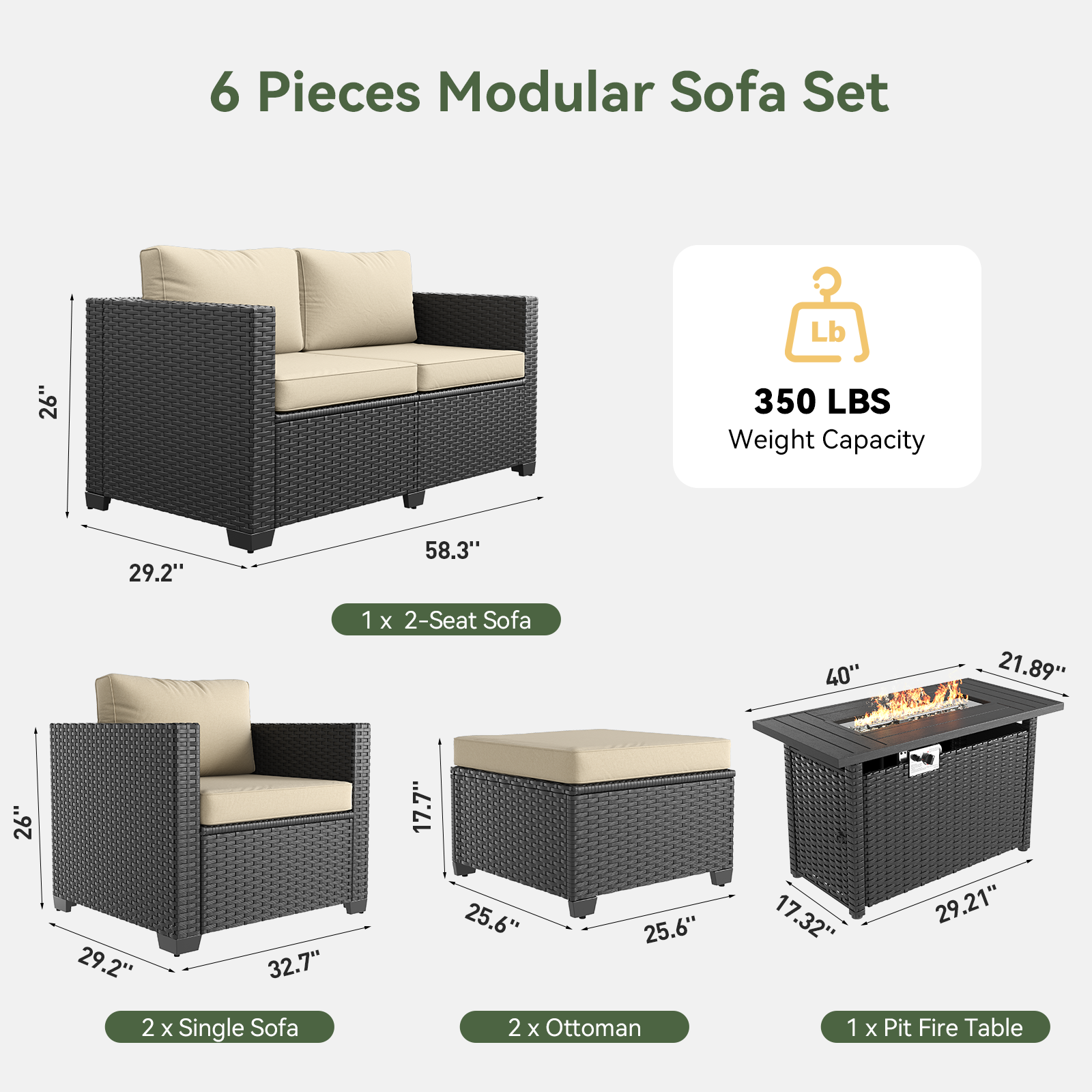 Aoxun Patio Furniture Set with Fire Pit Table, 6 Seats Outdoor Furniture Set with Wicker Ottomans, Rattan Outdoor Sectional Sofa with Thickened Cushion & Waterproof Cover Navy Blue