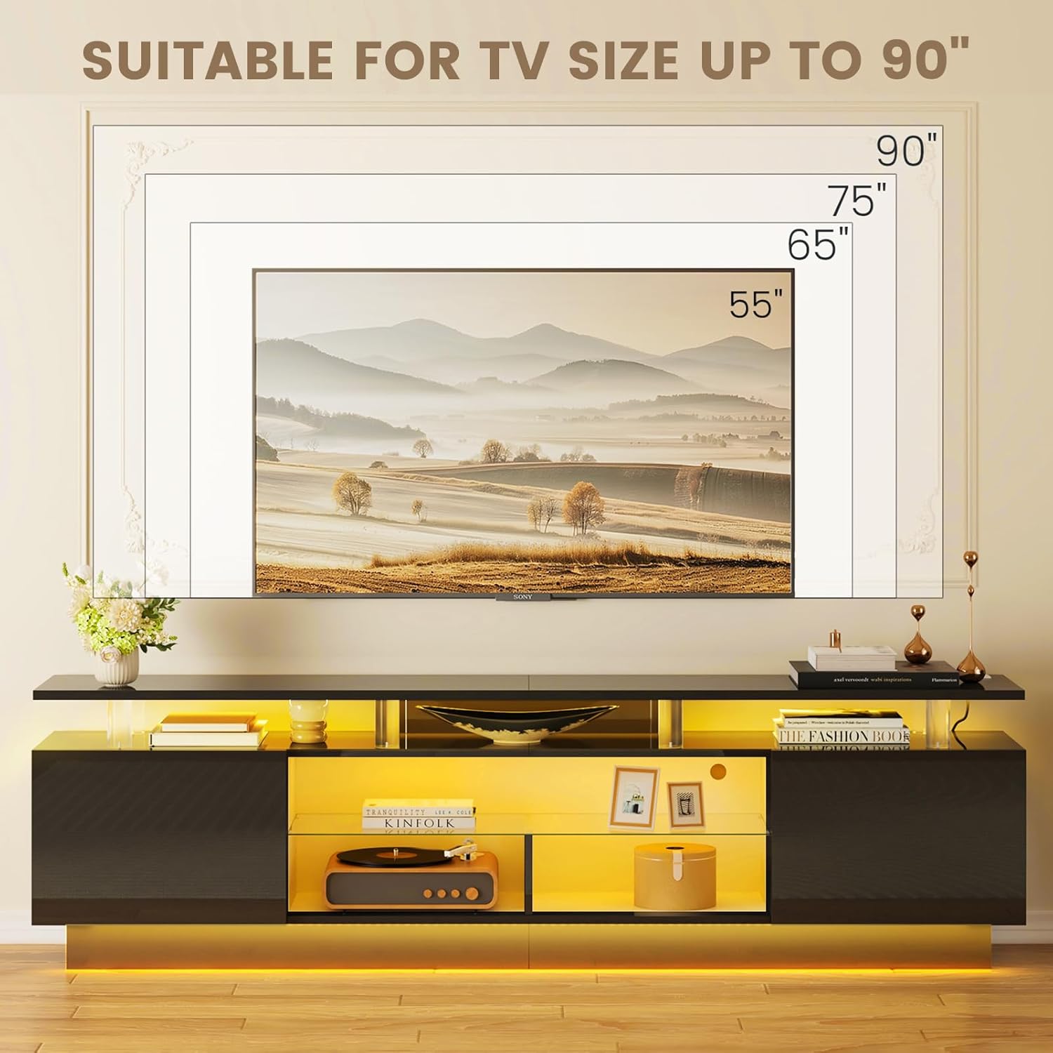 Nordivale 80” High-Glossy TV Stand with 2 Side Cabinets, Storage Entertainment Center, Modern Stylish TV Console with 3 Layer LED Lights&Power Outlets,Remote&APP Control for Living Room Use Black