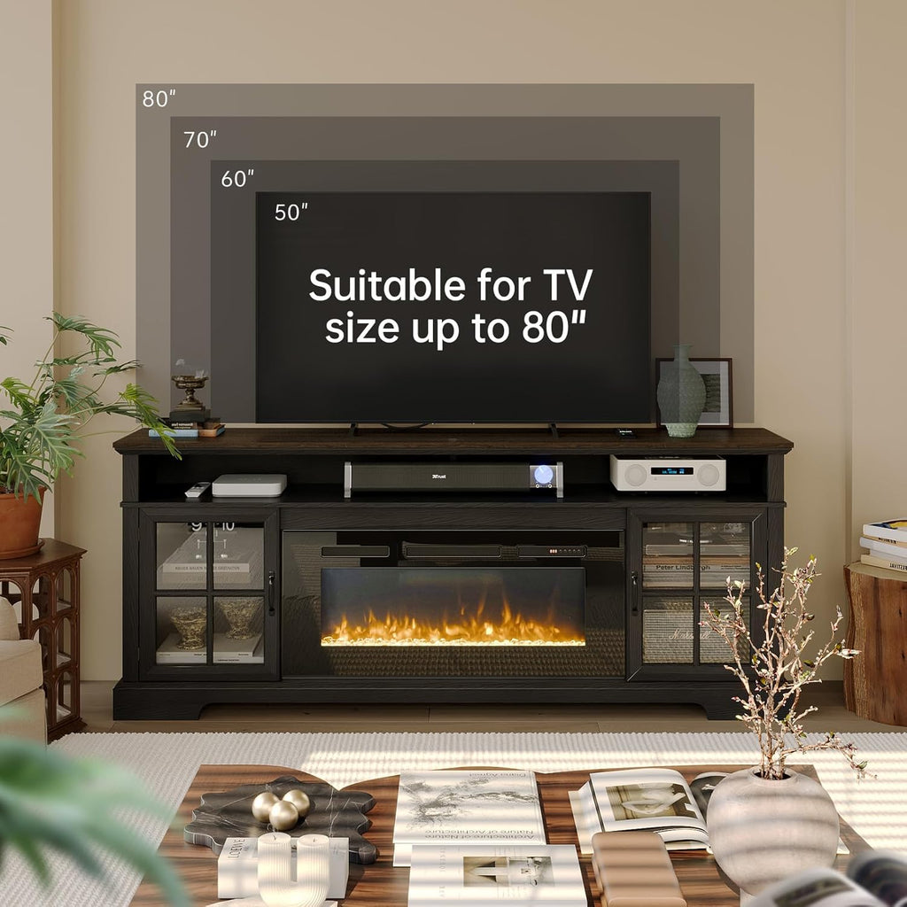 Nordivale 70" Fireplace TV Stand, Farmhouse Entertainment Center for TVs Up to 80”, TV Console with Storage Cabinets, Media Console for Living Room, Black TV Stand and Black Fireplace