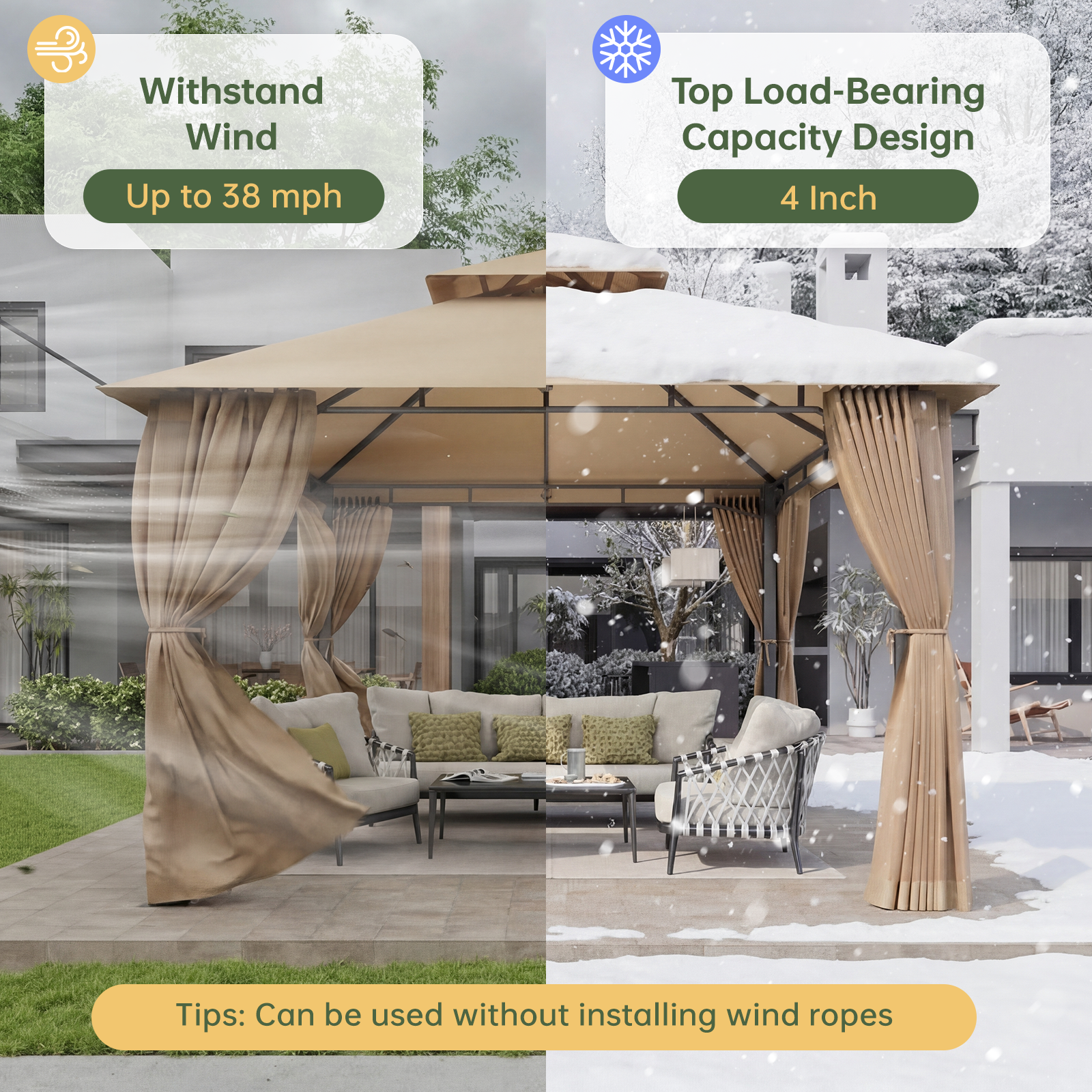 Aoxun 10x10 Gazebo with Double Roof & Mosquito Netting Outdoor Heavy-Duty Party Tent, Patio Tent with Zipper Screens - Backyard Garden Lawn Shelter Includes Wind Ropes Expansion Bolts, Beige