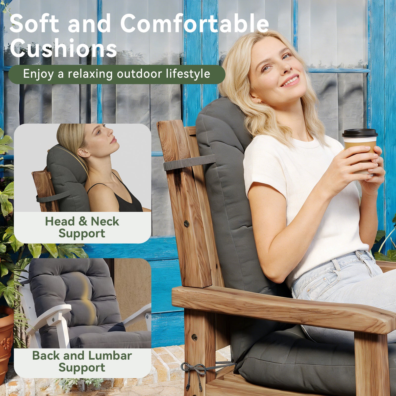 Aoxun Adirondack Chair Cushion, Indoor/Outdoor Rocking Chair Cushion with Ties, Thickened High Back Patio Chair Cushions with High Elasticity PP Cotton Water-Resistant, 2-Pack, Grey