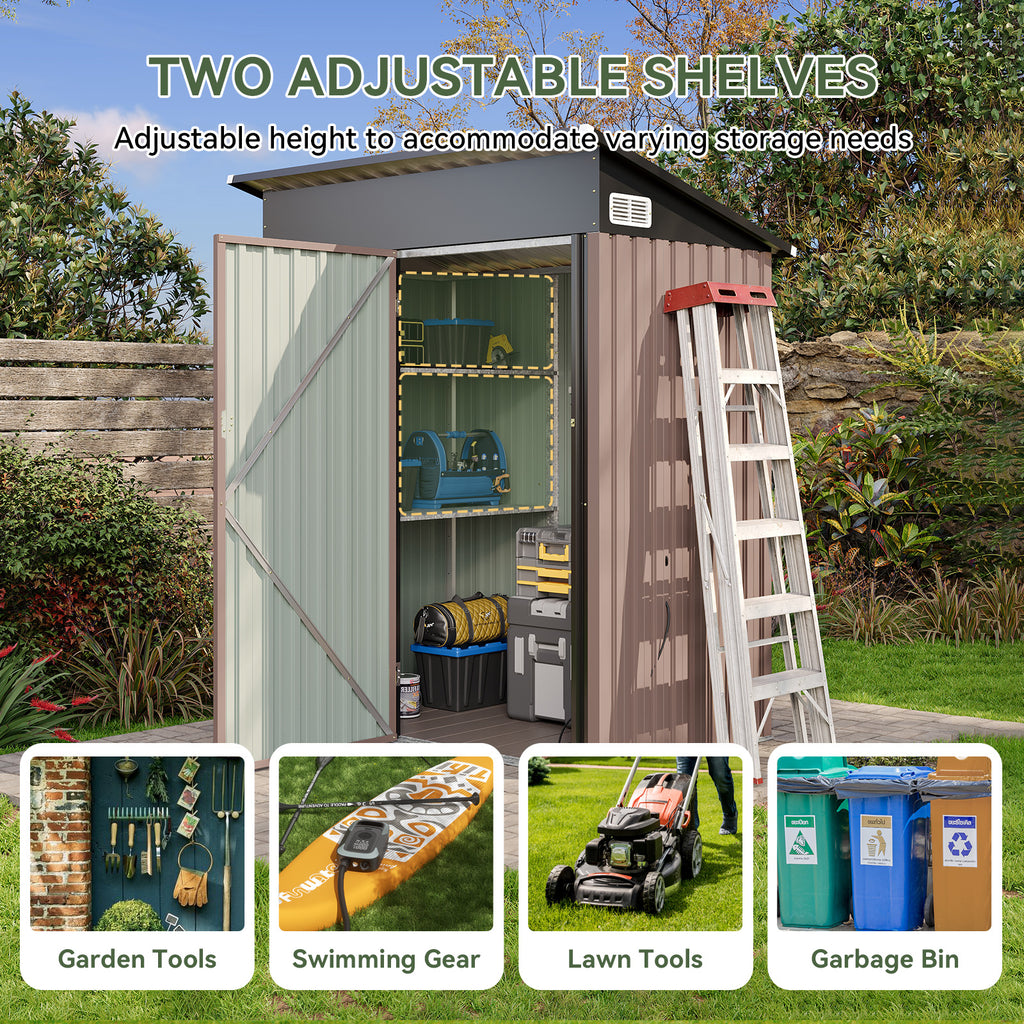 Aoxun 5x3 Ft Outdoor Storage Cabinet - Waterproof Storage Shed with Floor, Small Metal Garden Shed with Lockable Doors & Slooping Roof for Backyard, Patio, Poolside, Brown